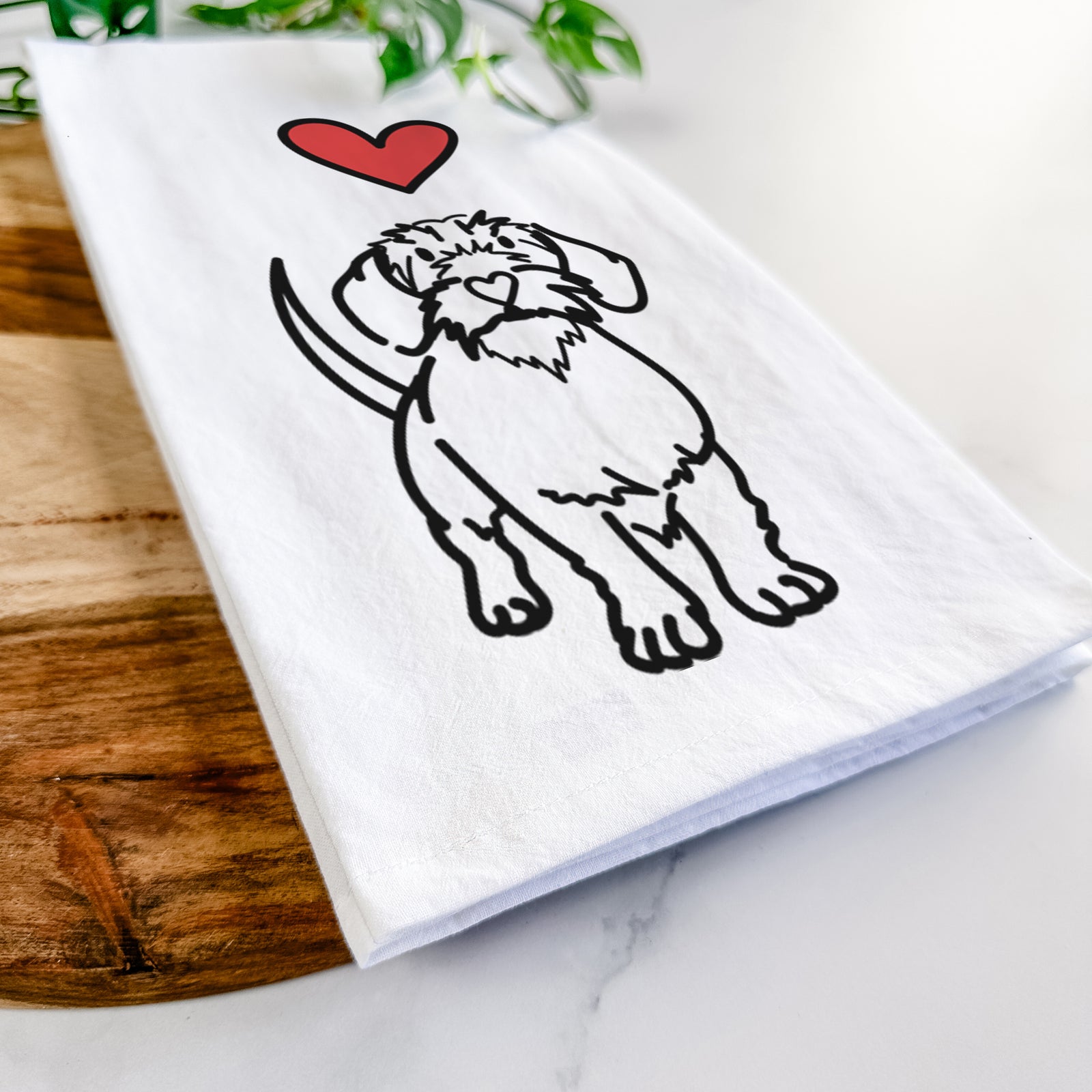 Minimalist line drawing of Henry the Wire Dachshund with a red heart on a tea towel