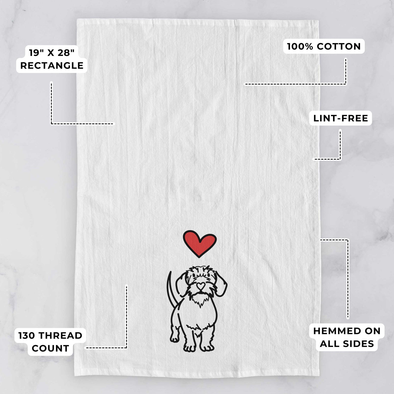 Minimalist line drawing of Henry the Wire Dachshund with a red heart on a tea towel, with feature callouts: 19 x 28 inch rectangle, 100% cotton, lint-free, 120 thread count, hemmed on all sides