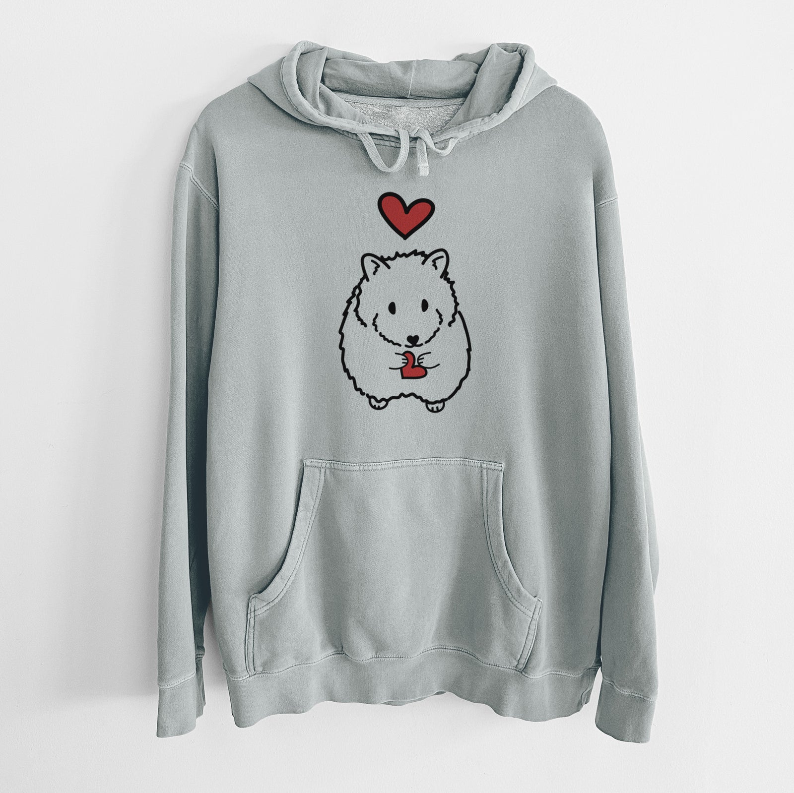 Minimalist line drawing of Hilga the Hamster with a red heart on a Sage Unisex pigment dyed hoodie
