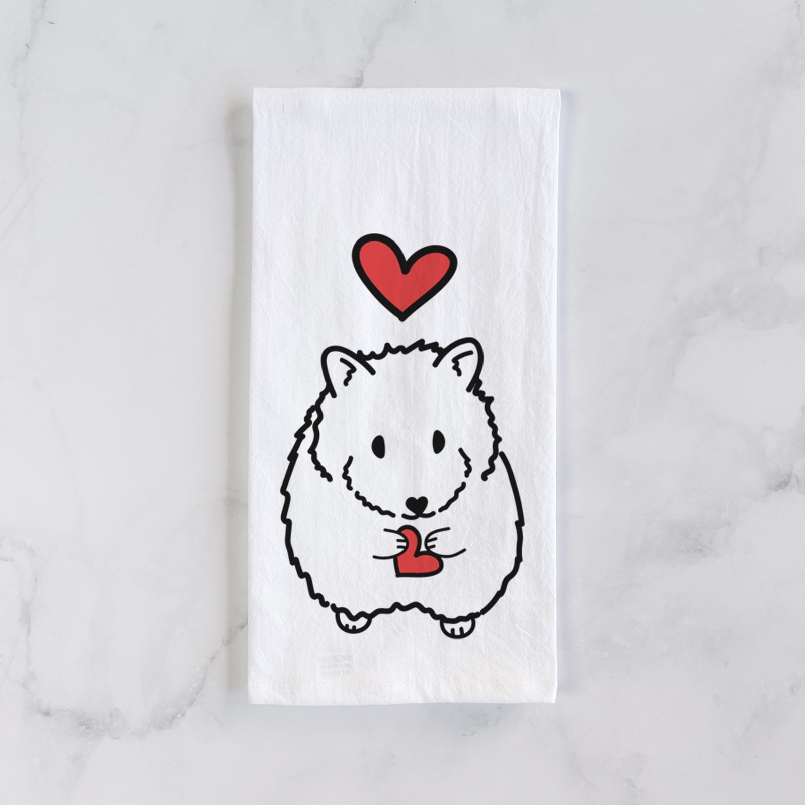 Minimalist line drawing of Hilga the Hamster with a red heart on a tea towel