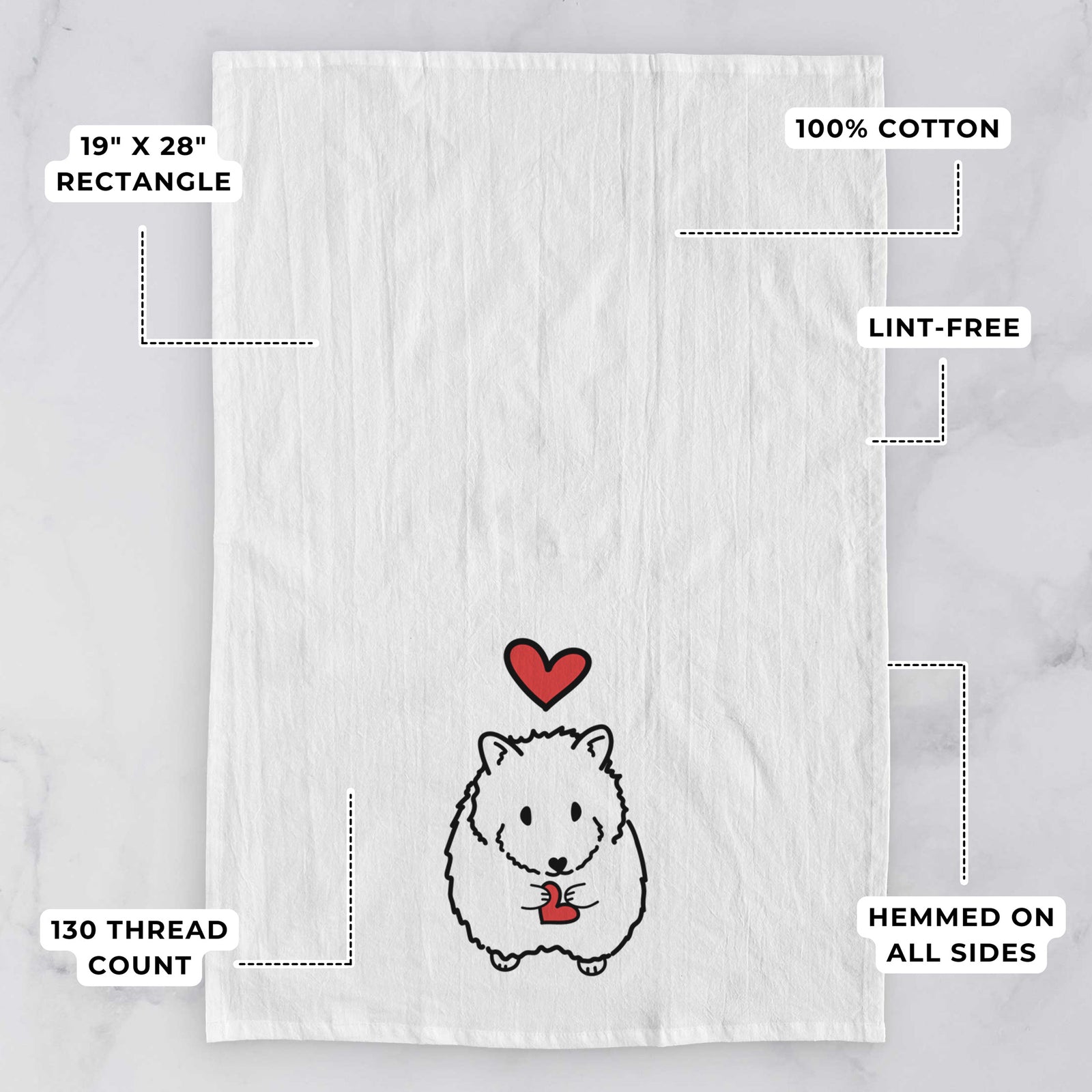 Minimalist line drawing of Hilga the Hamster with a red heart on a tea towel, with feature callouts: 19 x 28 inch rectangle, 100% cotton, lint-free, 120 thread count, hemmed on all sides