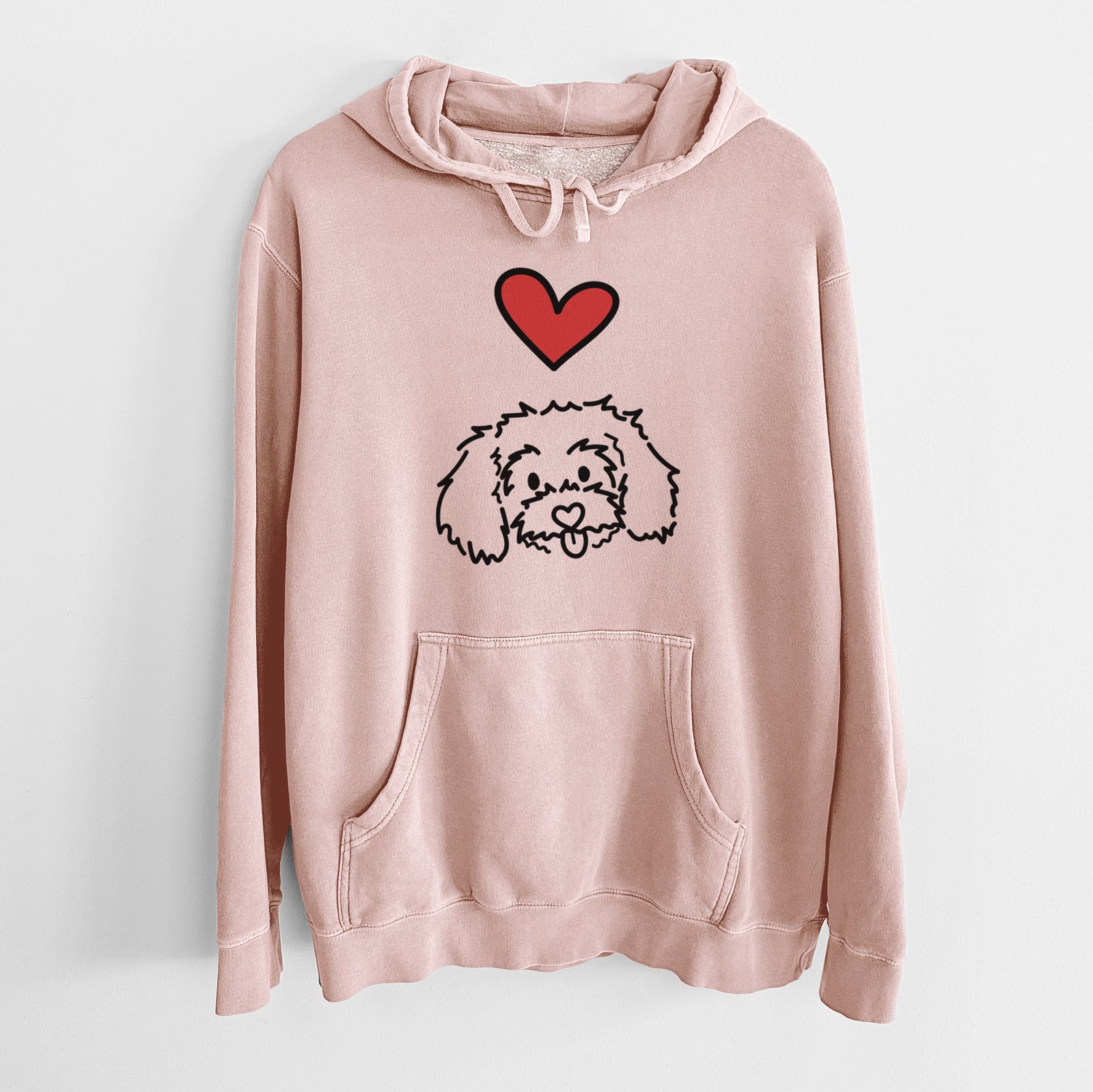 Minimalist line drawing of Holly the Maltipoo with a red heart on a Dusty Pink Unisex pigment dyed hoodie