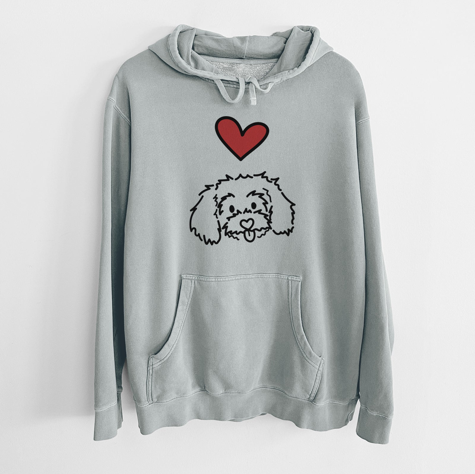 Minimalist line drawing of Holly the Maltipoo with a red heart on a Sage Unisex pigment dyed hoodie