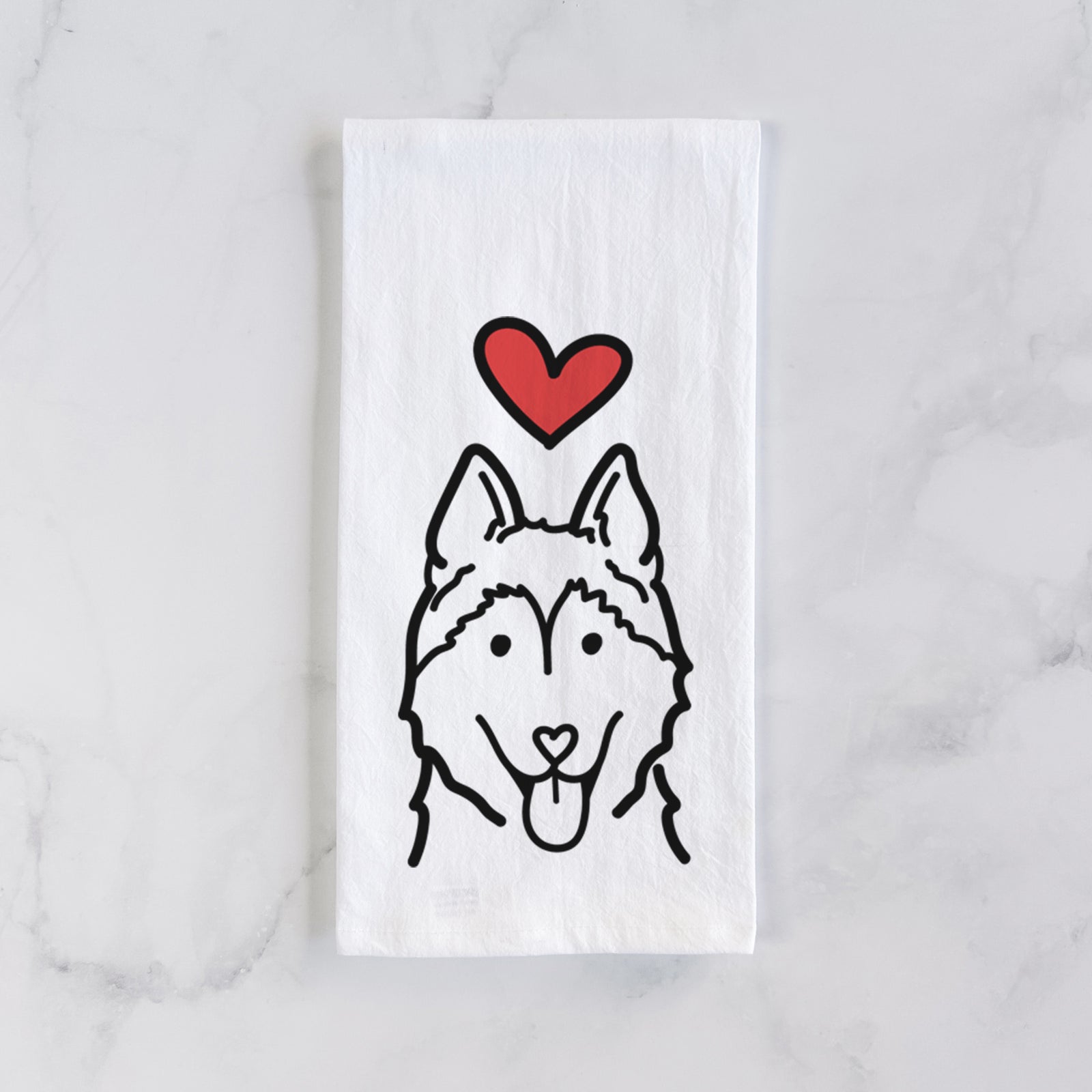Minimalist line drawing of a Siberian Husky with a red heart on a tea towel