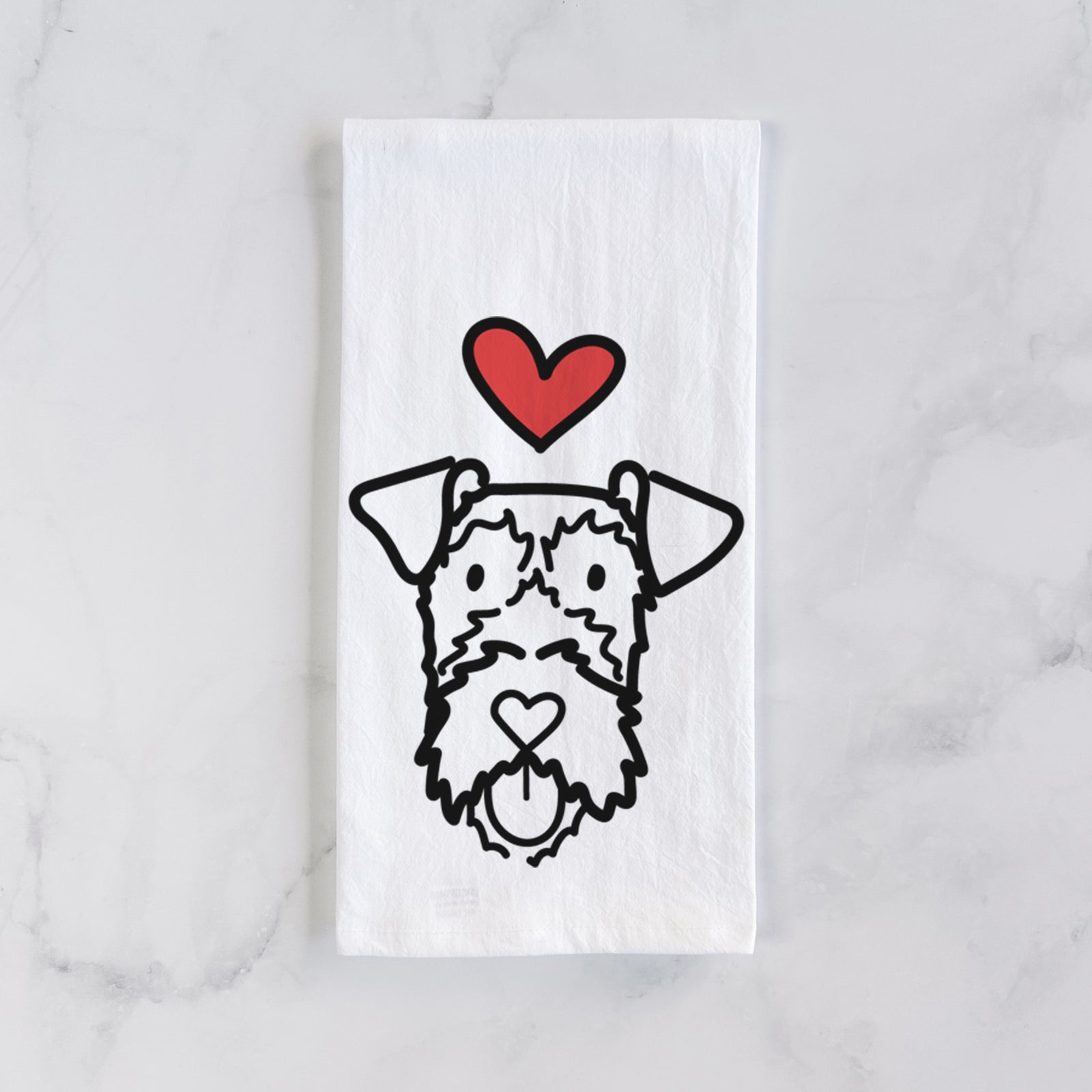 Minimalist line drawing of an Irish Terrier with a red heart on a tea towel