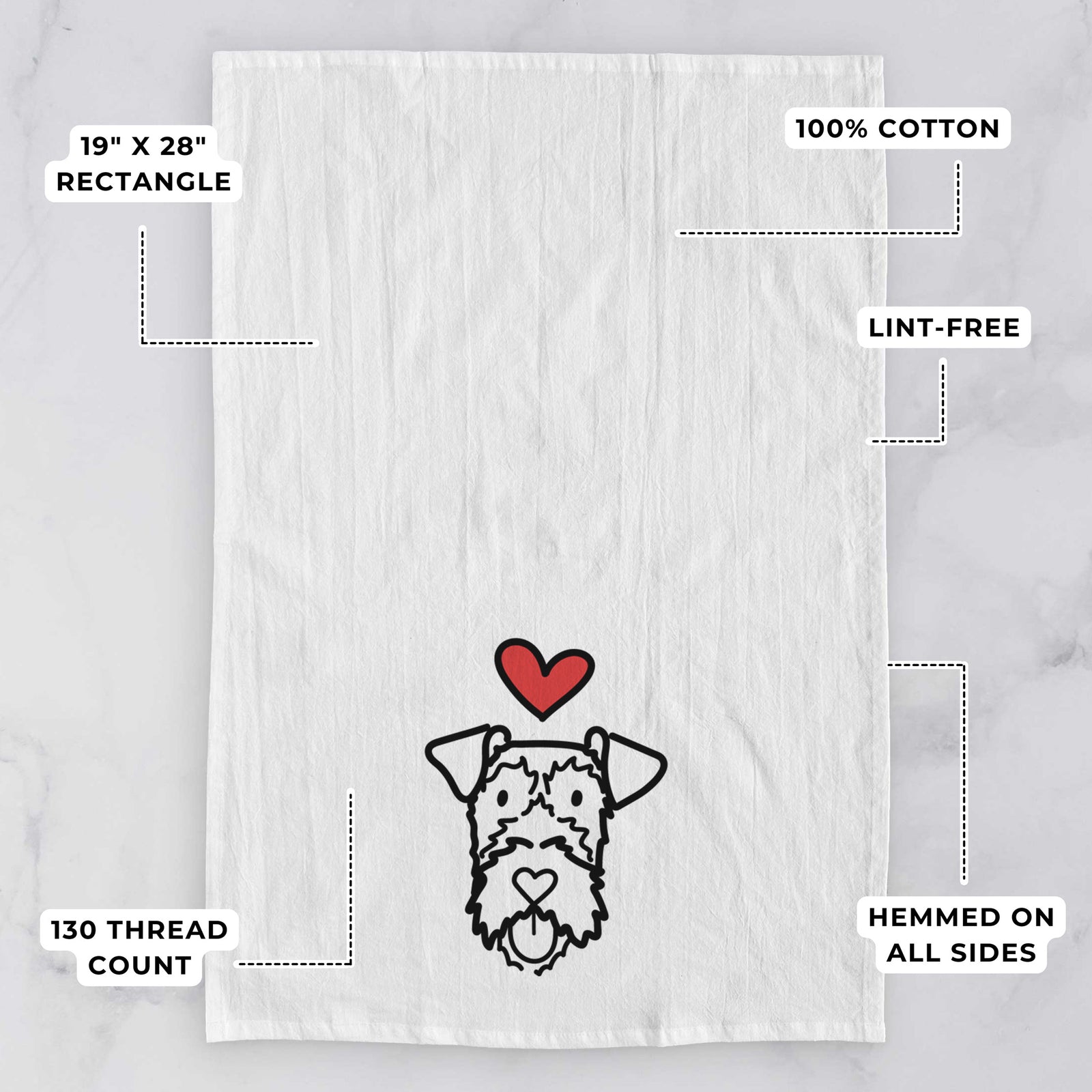 Minimalist line drawing of an Irish Terrier with a red heart on a tea towel, with feature callouts: 19 x 28 inch rectangle, 100% cotton, lint-free, 120 thread count, hemmed on all sides