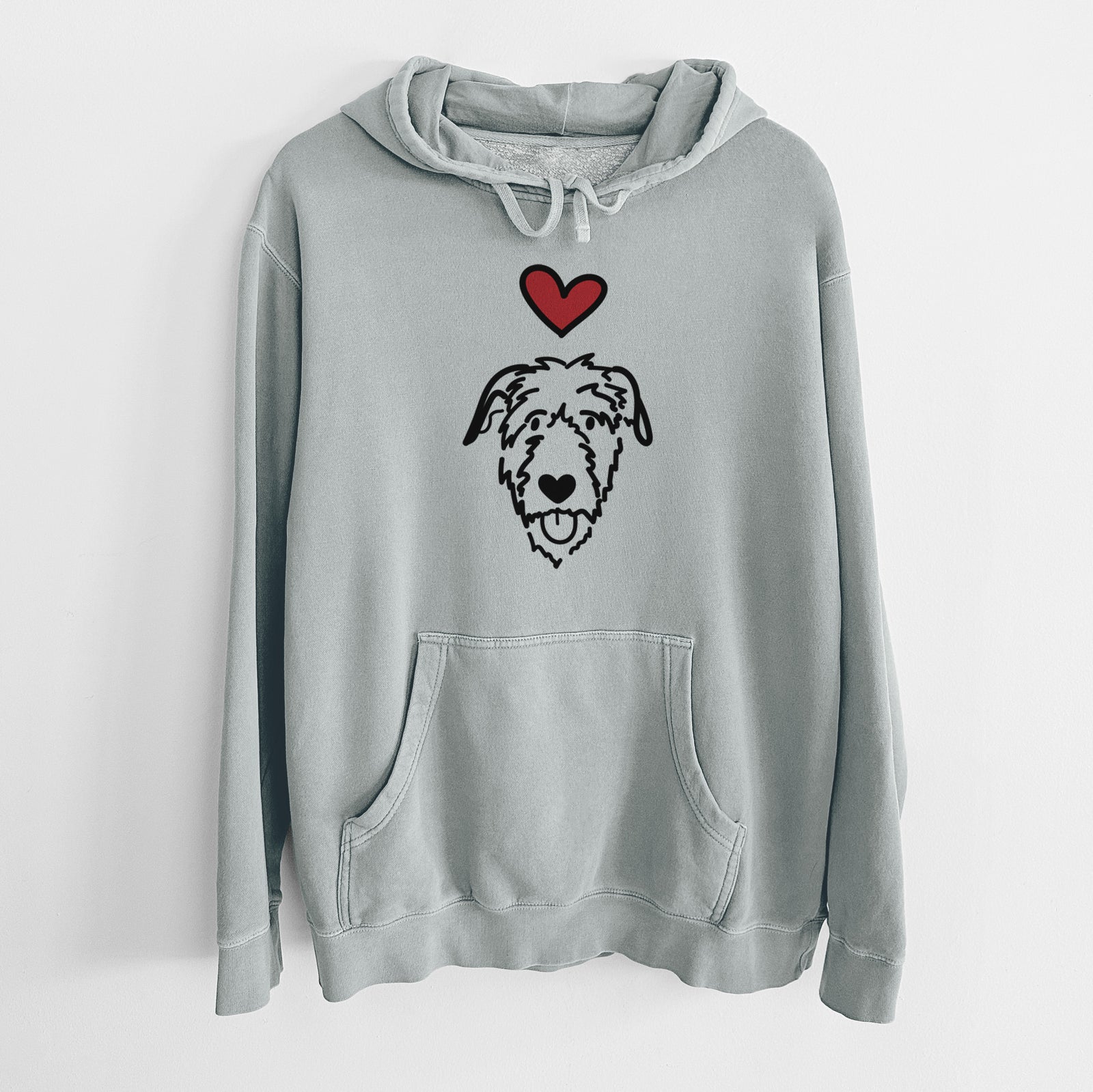 Minimalist line drawing of an Irish Wolfhound with a red heart on a Sage Unisex pigment dyed hoodie
