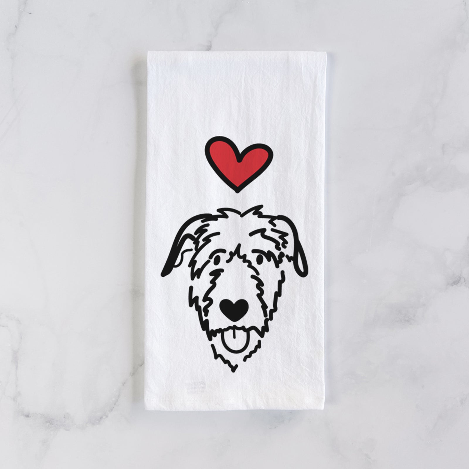 Minimalist line drawing of an Irish Wolfhound with a red heart on a tea towel