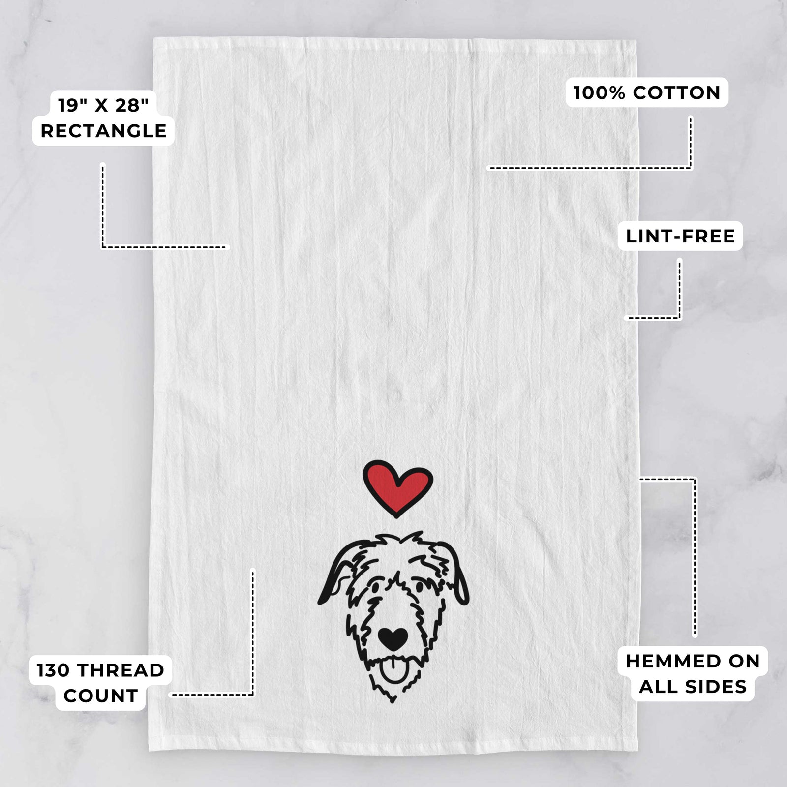 Minimalist line drawing of an Irish Wolfhound with a red heart on a tea towel, with feature callouts: 19 x 28 inch rectangle, 100% cotton, lint-free, 120 thread count, hemmed on all sides
