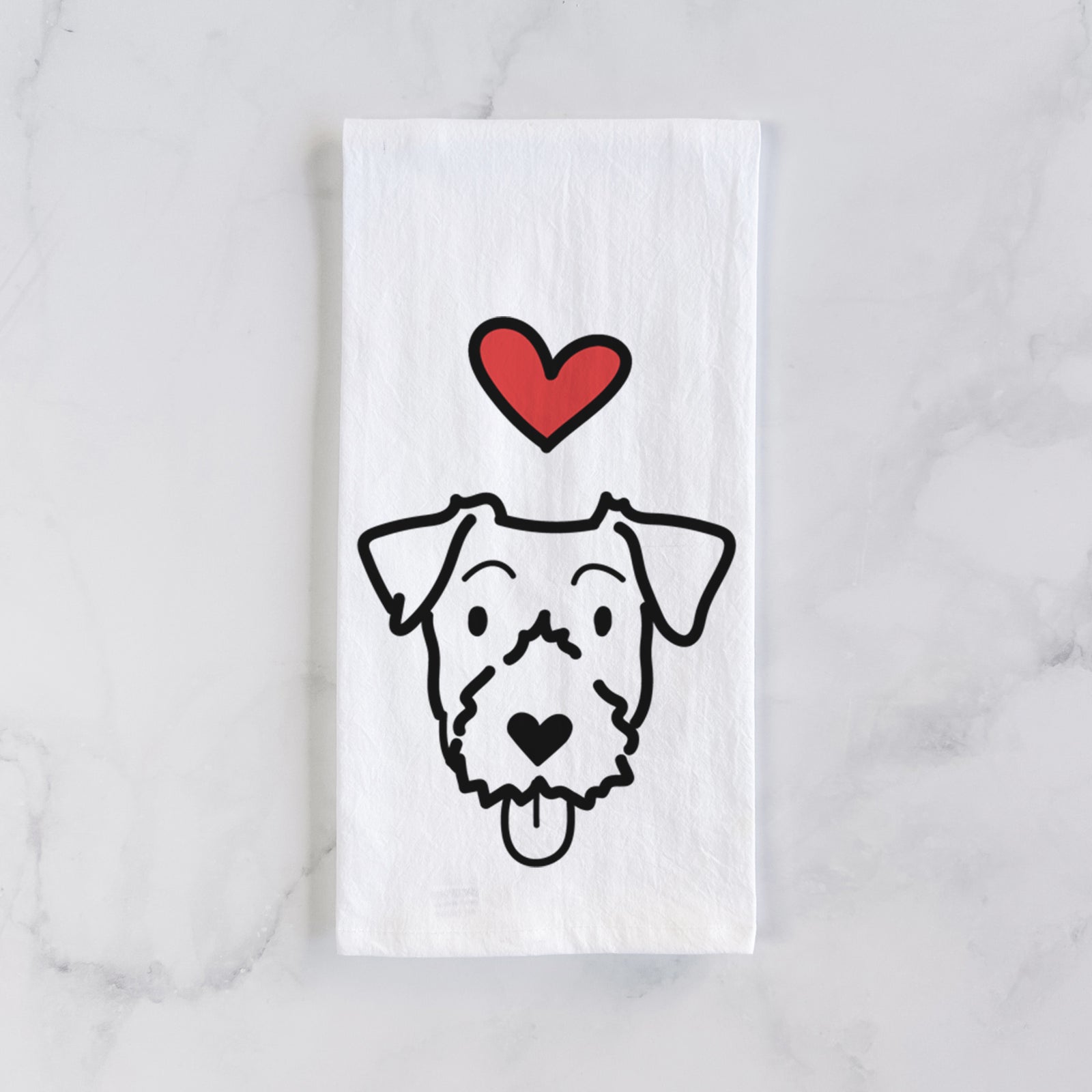 Minimalist line drawing of a Jack Russell Terrier with a red heart on a tea towel