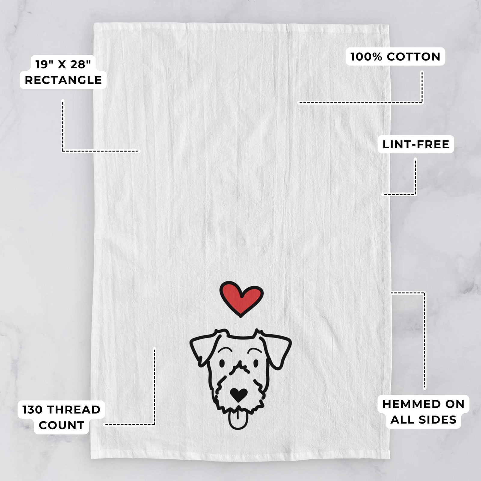 Minimalist line drawing of a Jack Russell Terrier with a red heart on a tea towel, with feature callouts: 19 x 28 inch rectangle, 100% cotton, lint-free, 120 thread count, hemmed on all sides