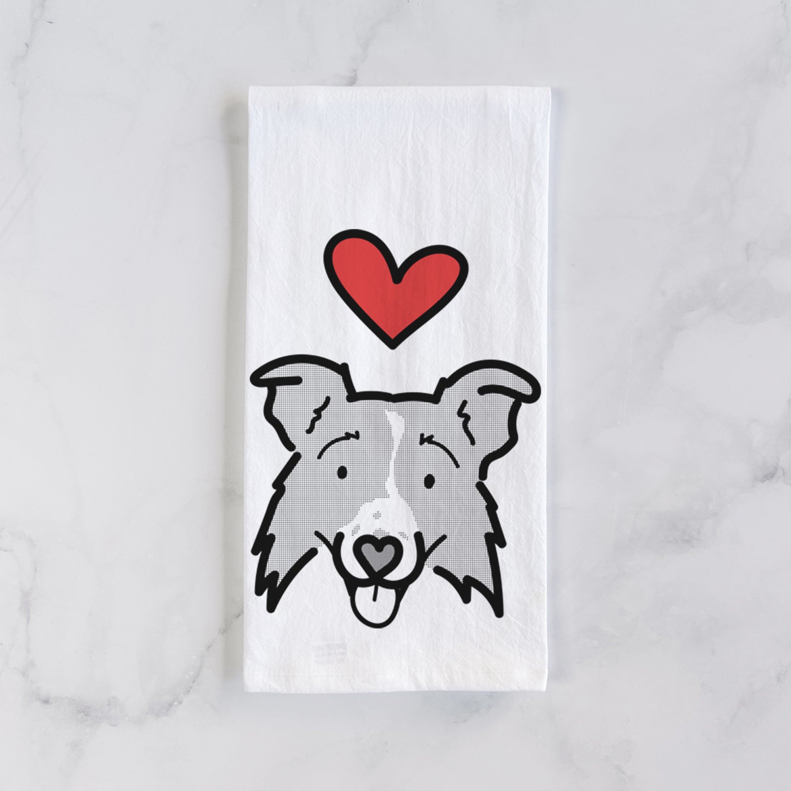 Minimalist line drawing of Jam the Border Collie 2.0 with a red heart on a tea towel