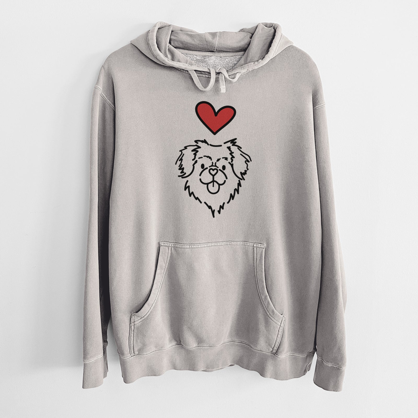 Minimalist line drawing of Jiji the Tibetan Spaniel with a red heart on a Cement Unisex pigment dyed hoodie