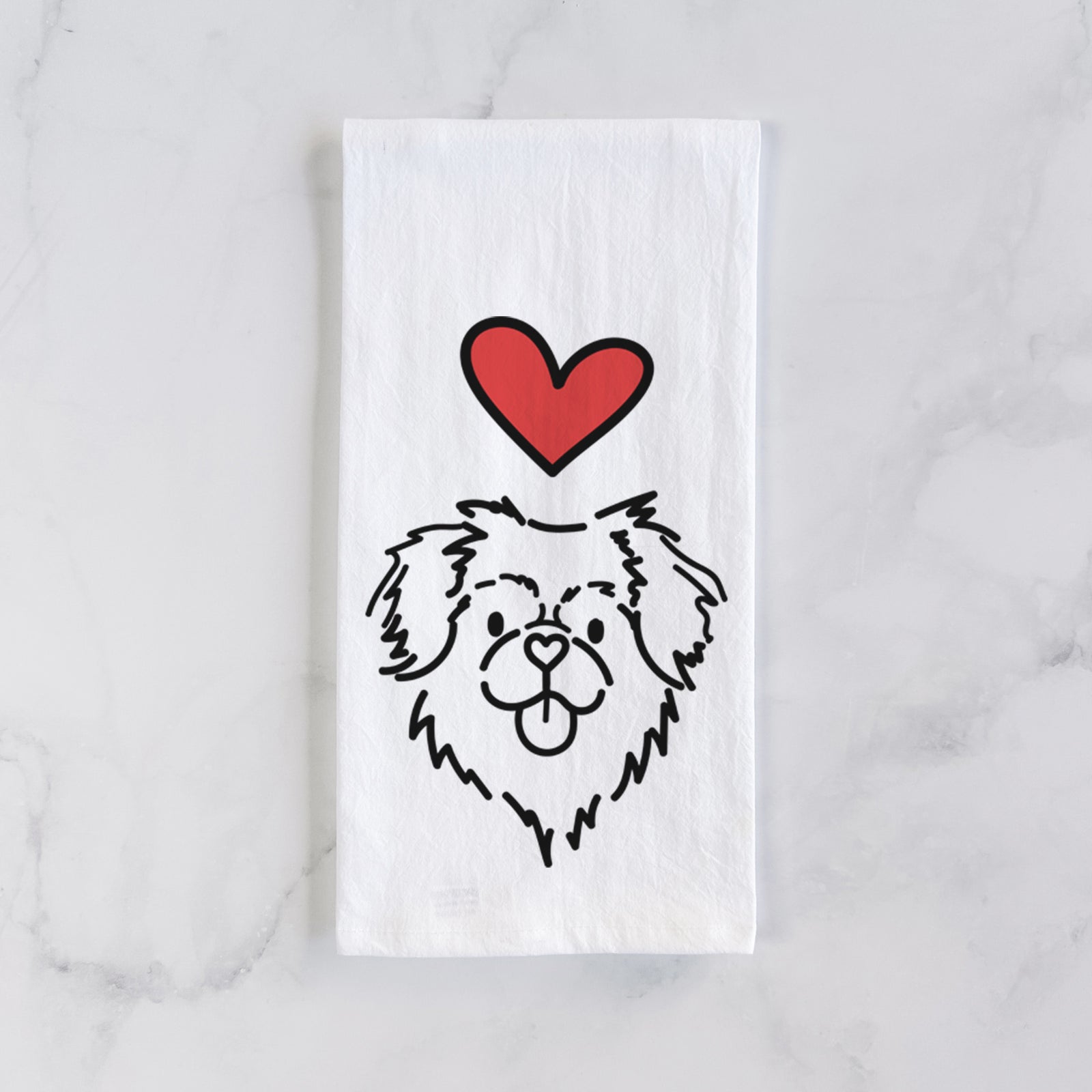 Minimalist line drawing of Jiji the Tibetan Spaniel with a red heart on a tea towel