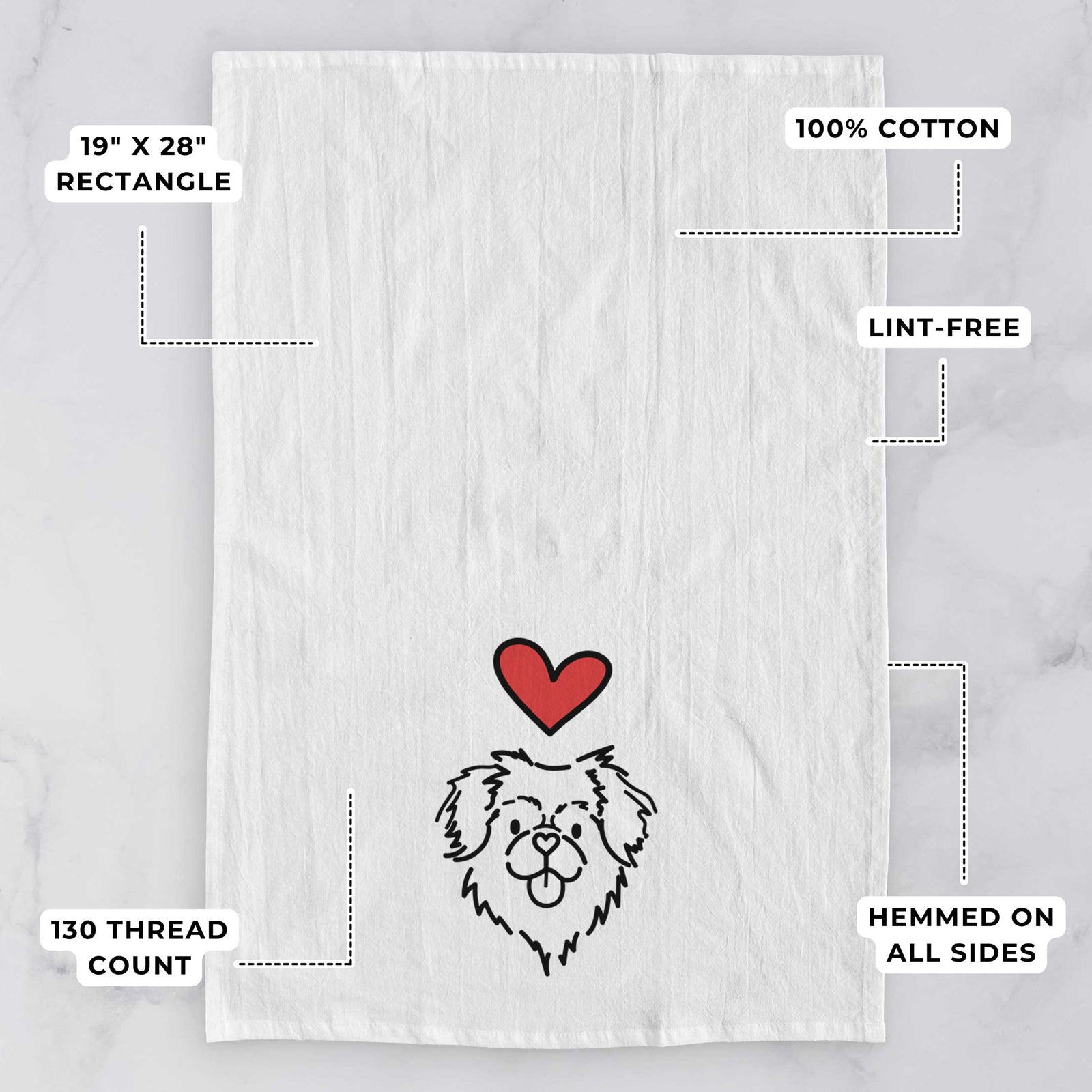 Minimalist line drawing of Jiji the Tibetan Spaniel with a red heart on a tea towel, with feature callouts: 19 x 28 inch rectangle, 100% cotton, lint-free, 120 thread count, hemmed on all sides