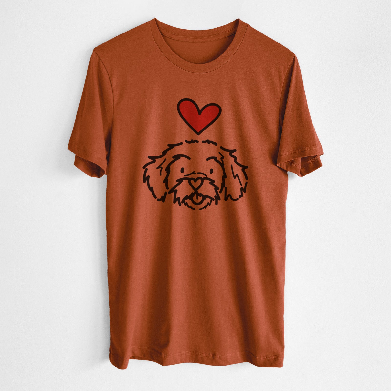Minimalist line drawing of Jo Jo the Peekapoo with a red heart on an Autumn Unisex crewneck, worn by a man