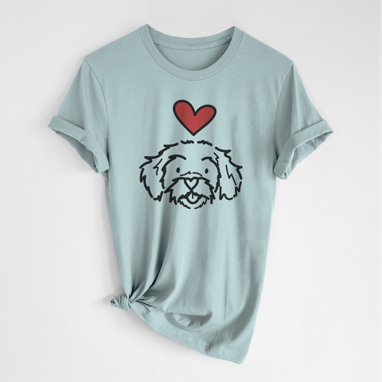 Minimalist line drawing of Jo Jo the Peekapoo with a red heart on a Dusty Blue Unisex crewneck, worn by a woman
