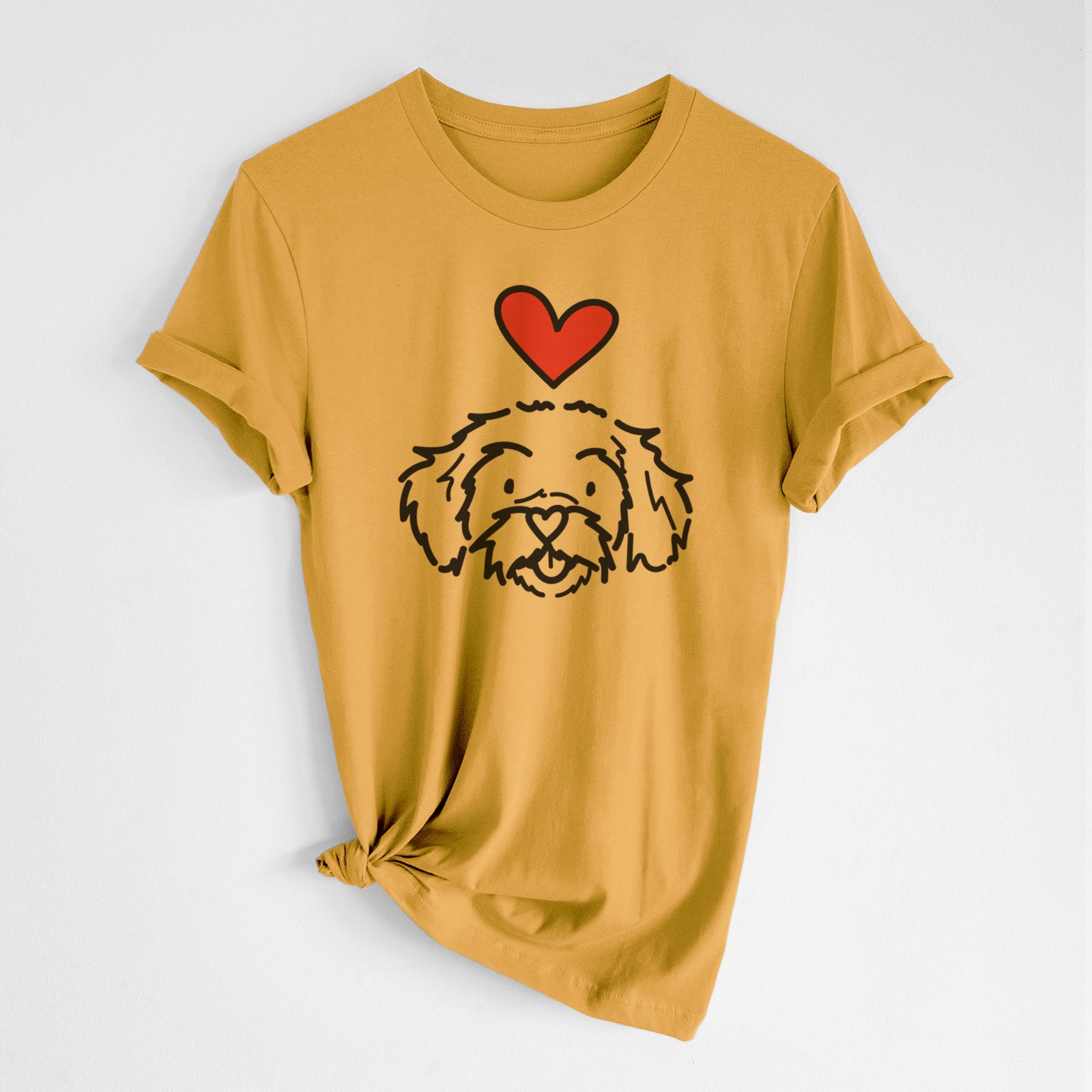 Minimalist line drawing of Jo Jo the Peekapoo with a red heart on a Honeycomb Unisex crewneck, worn by a woman