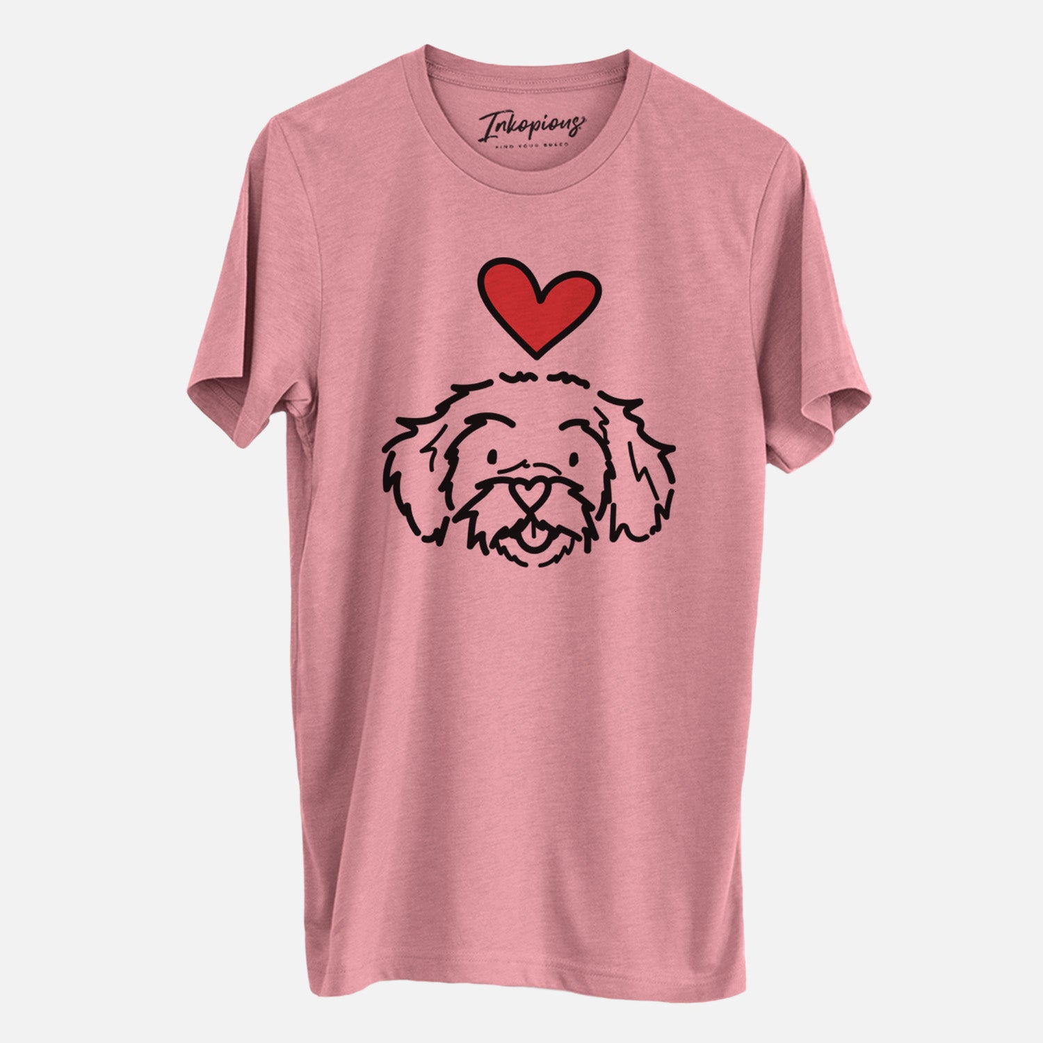 Minimalist line drawing of Jo Jo the Peekapoo with a red heart on a Mauve Unisex crewneck, worn by a man