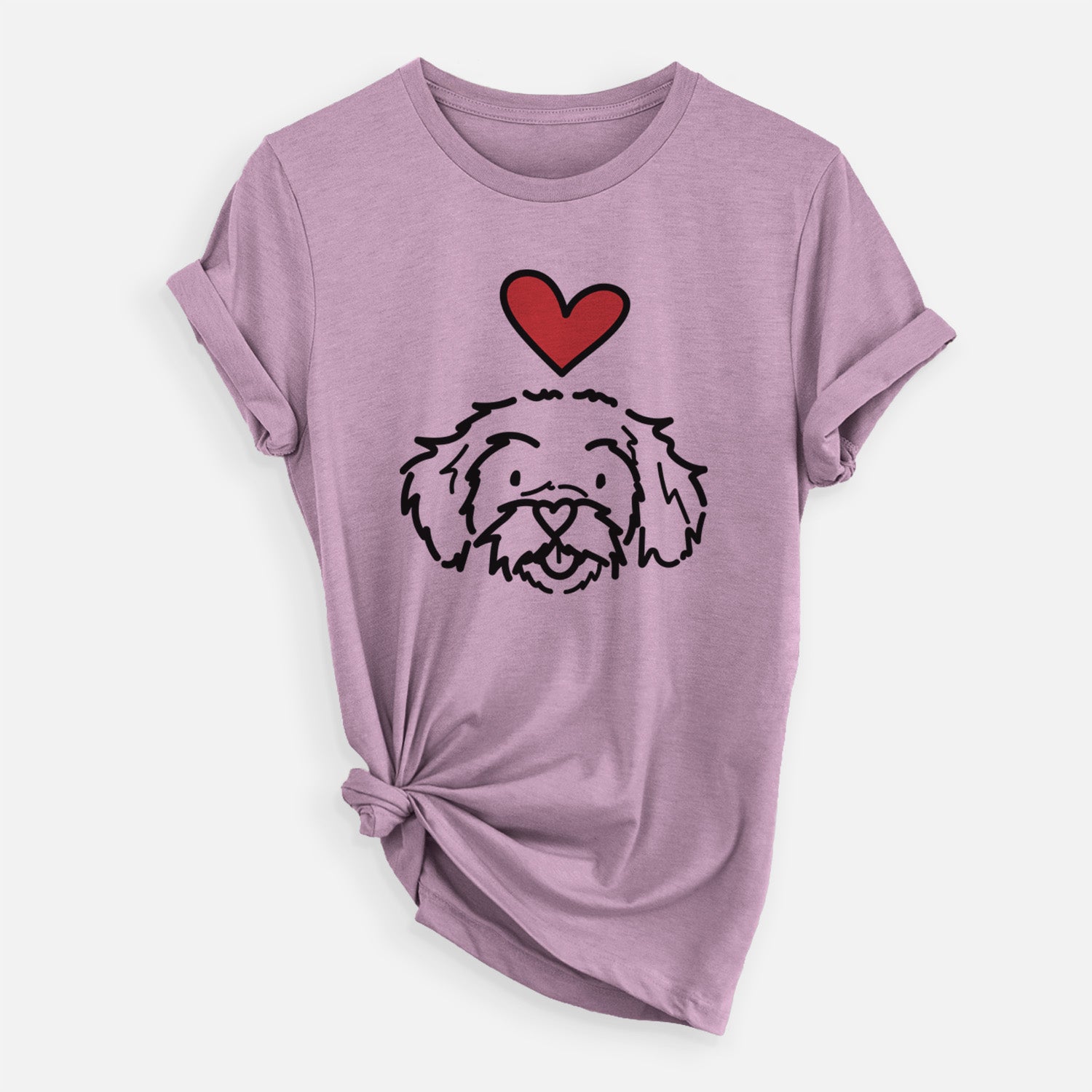 Minimalist line drawing of Jo Jo the Peekapoo with a red heart on an Orchid Unisex crewneck, worn by a woman