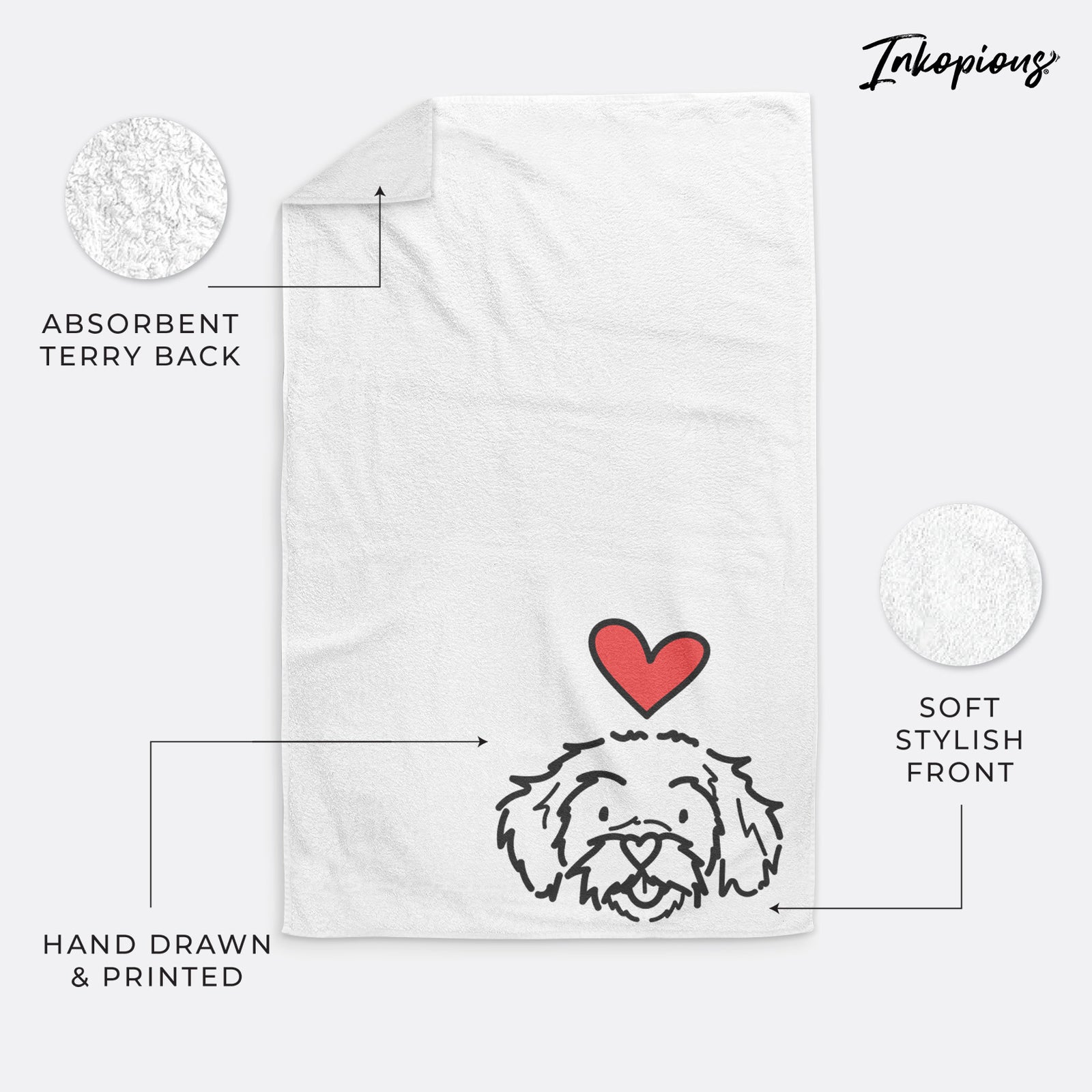Minimalist line drawing of Jo Jo the Peekapoo with a red heart on a hand towel