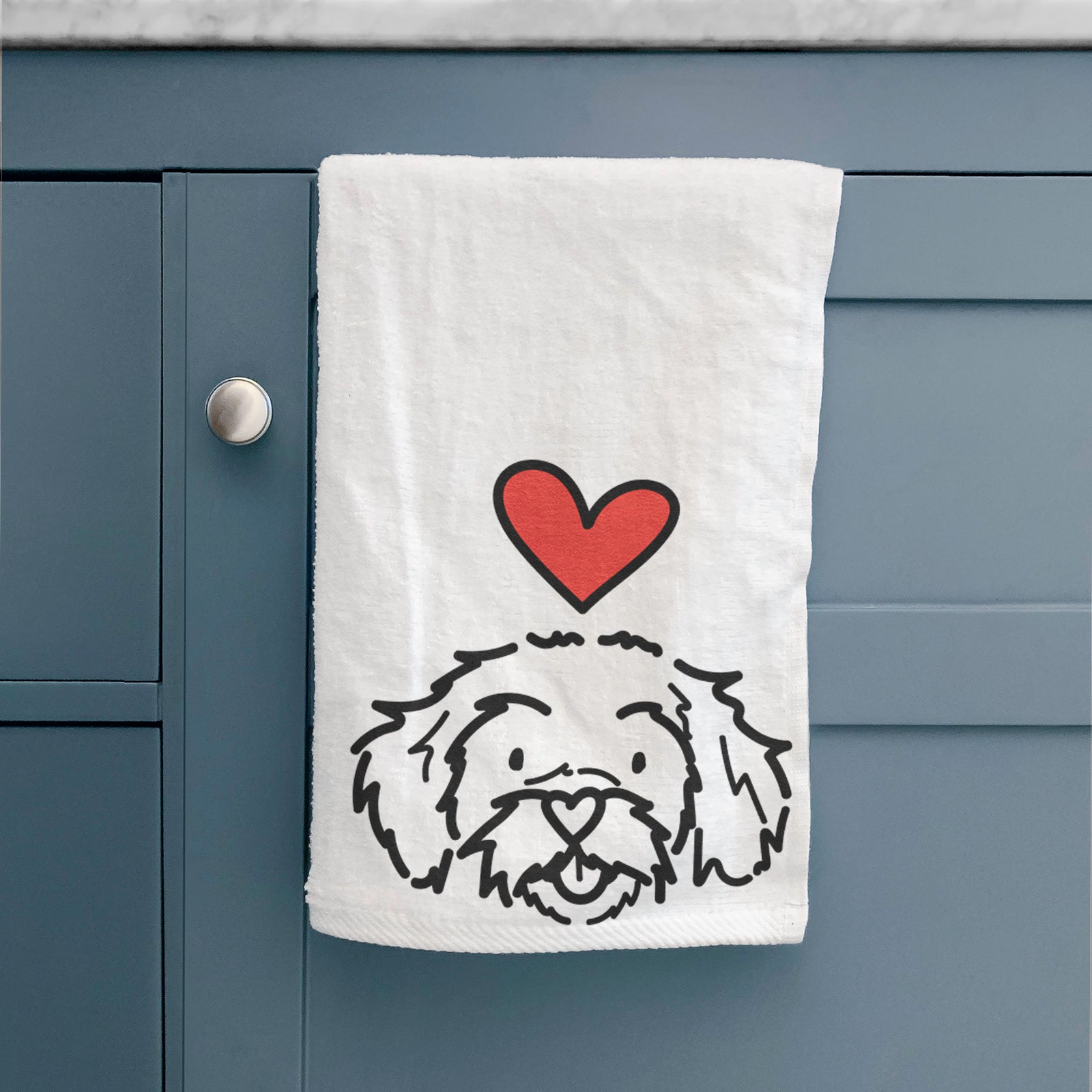 Minimalist line drawing of Jo Jo the Peekapoo with a red heart on a hand towel
