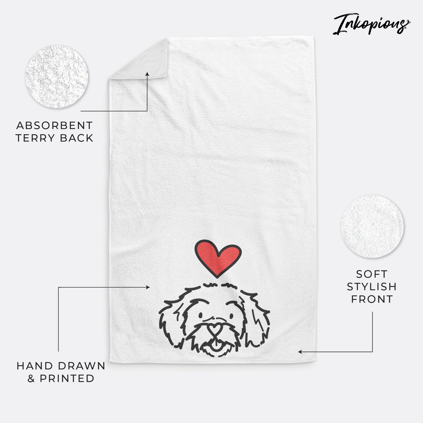 Minimalist line drawing of Jo Jo the Peekapoo with a red heart on a hand towel
