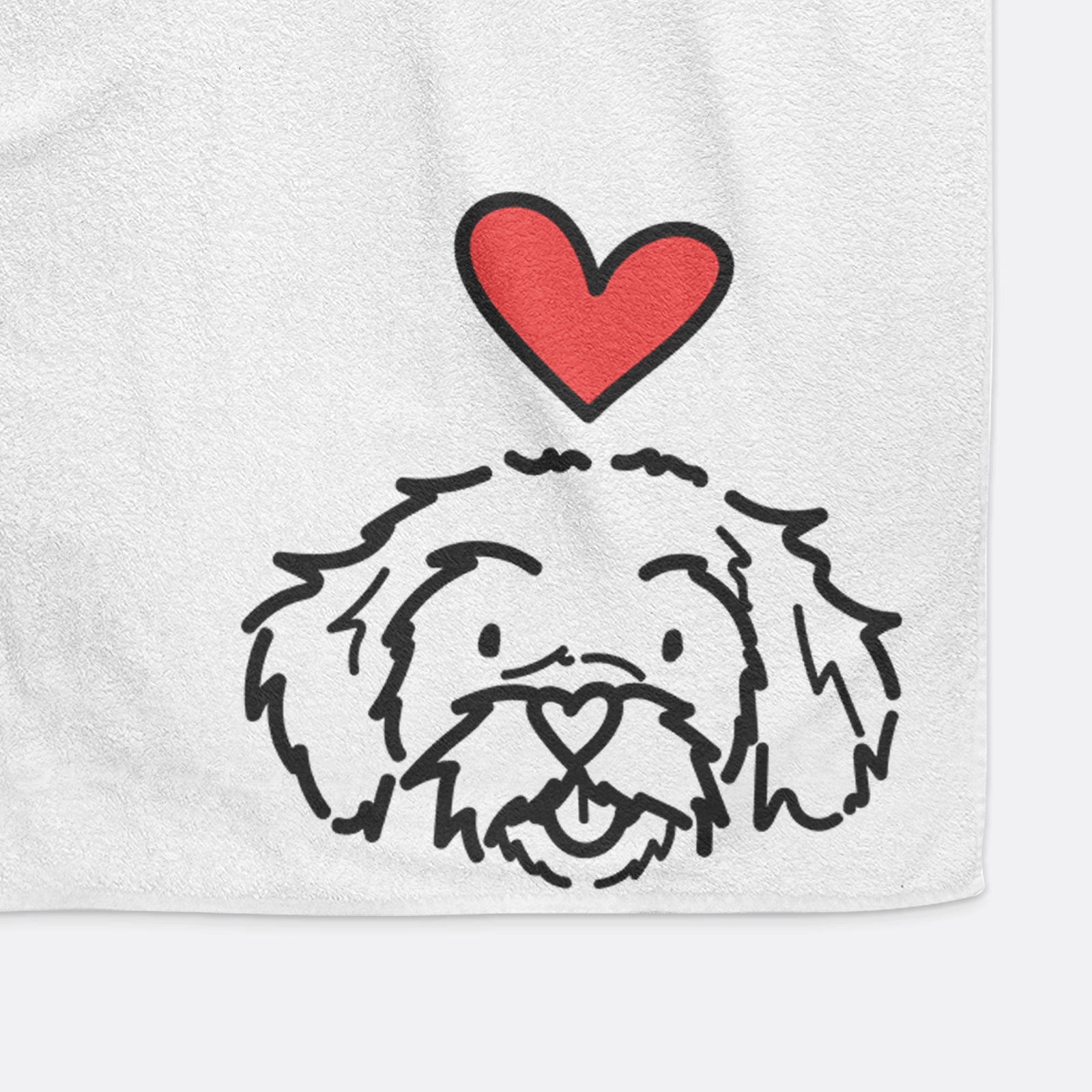 Minimalist line drawing of Jo Jo the Peekapoo with a red heart on a hand towel