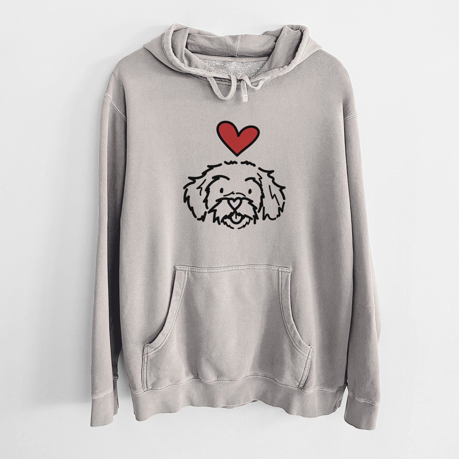 Minimalist line drawing of Jo Jo the Peekapoo with a red heart on a Cement Unisex pigment dyed hoodie