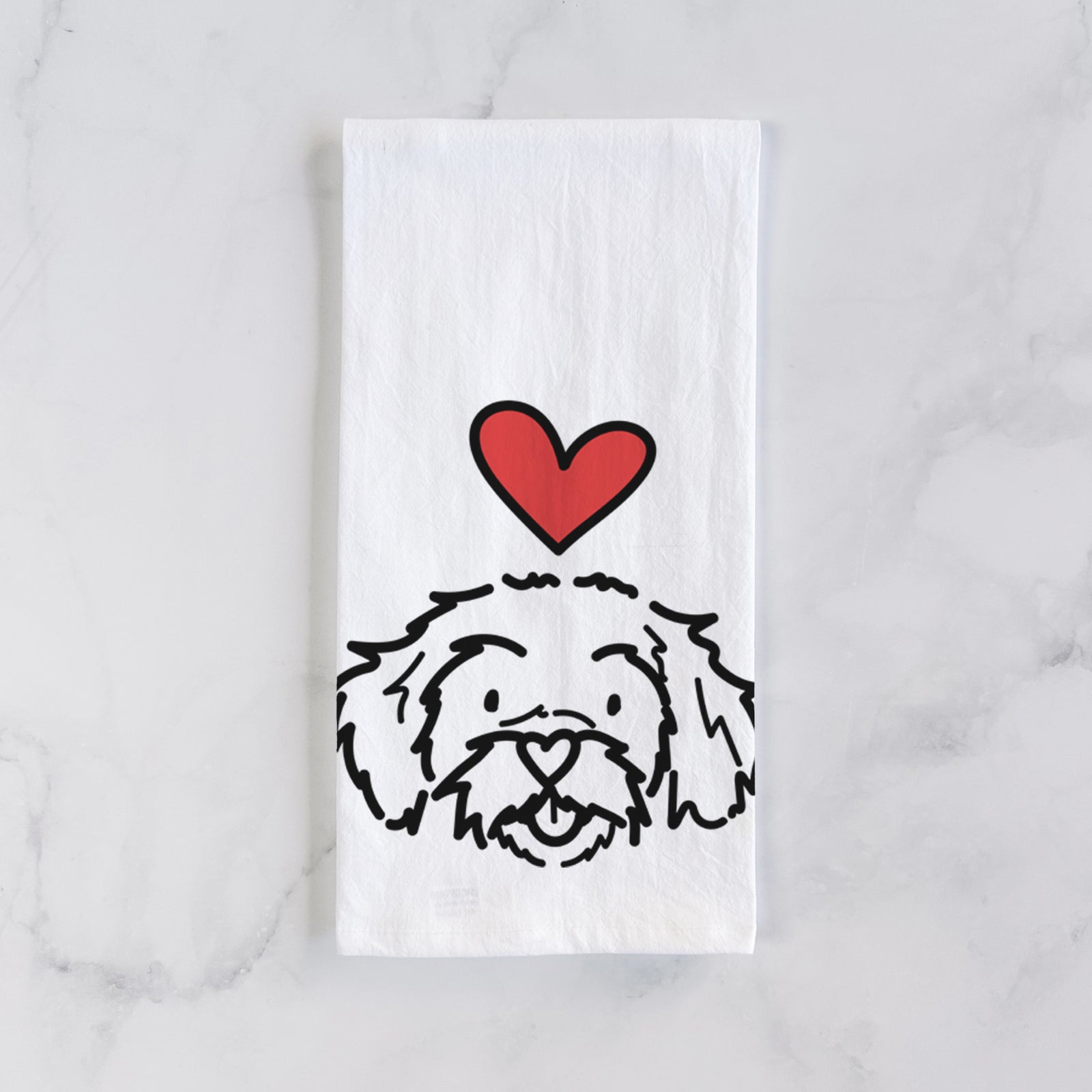Minimalist line drawing of Jo Jo the Peekapoo with a red heart on a tea towel