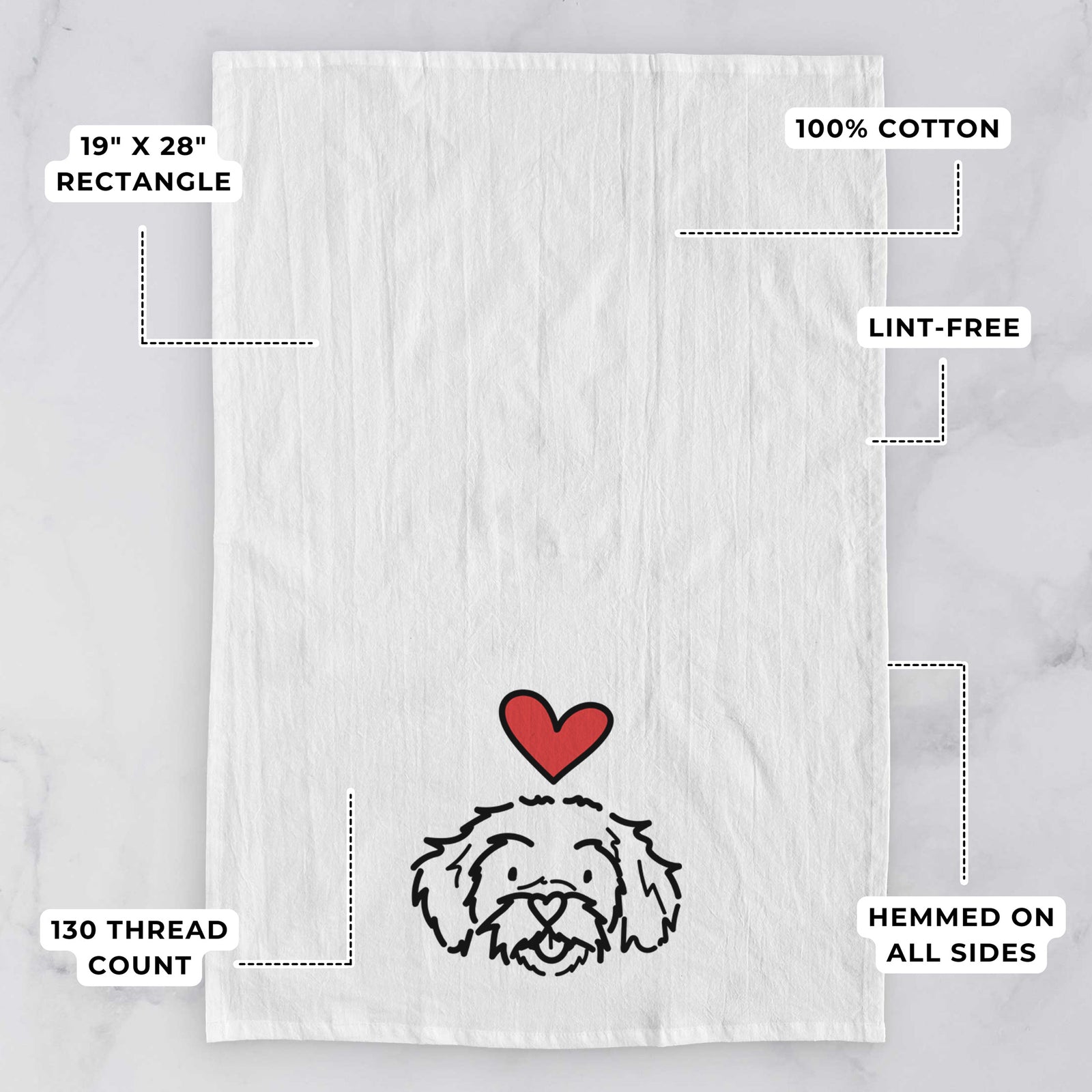 Minimalist line drawing of Jo Jo the Peekapoo with a red heart on a tea towel, with feature callouts: 19 x 28 inch rectangle, 100% cotton, lint-free, 120 thread count, hemmed on all sides