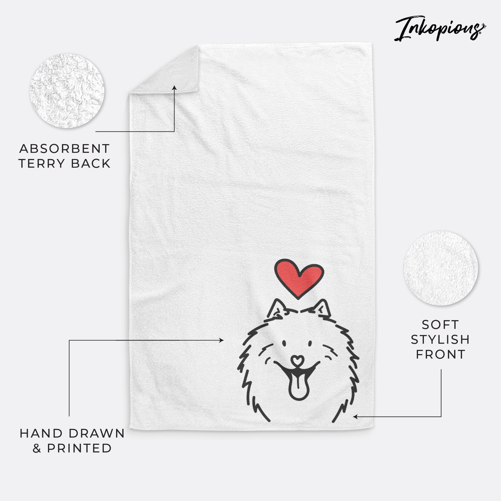 Minimalist line drawing of Johnny the Samoyed with a red heart on a hand towel