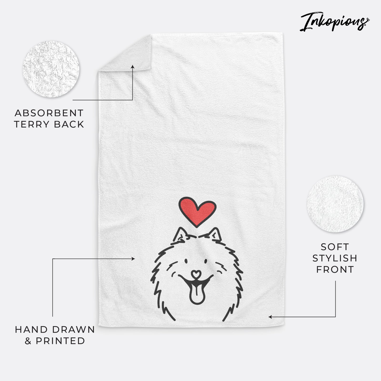 Minimalist line drawing of Johnny the Samoyed with a red heart on a hand towel