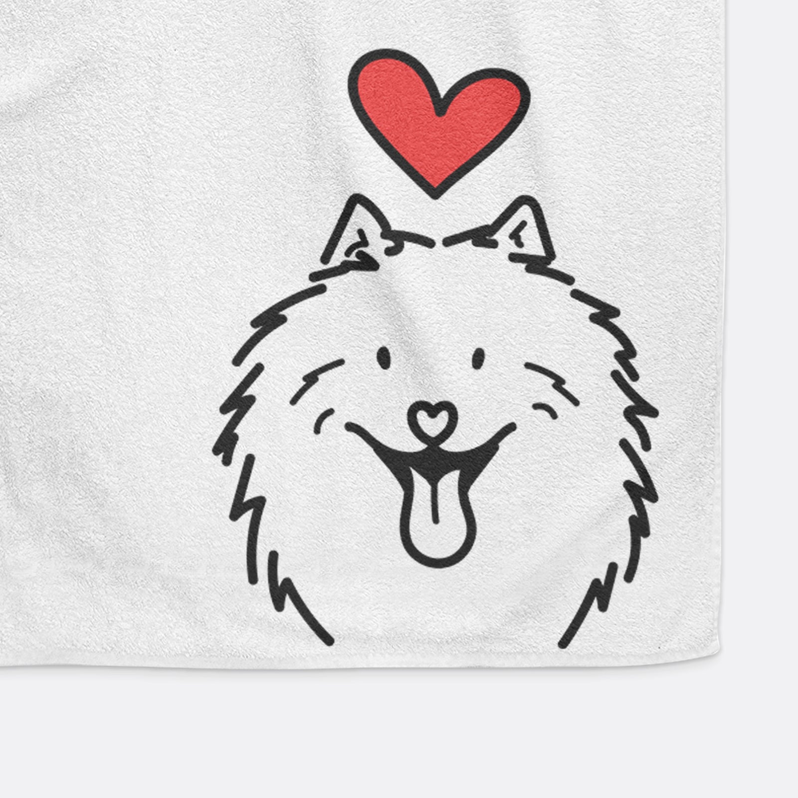 Minimalist line drawing of Johnny the Samoyed with a red heart on a hand towel