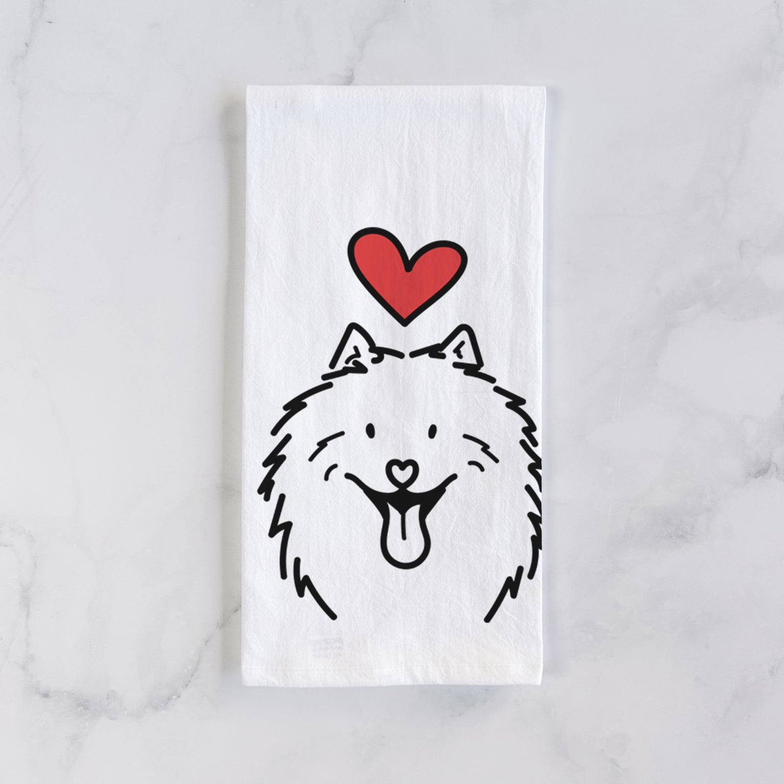 Minimalist line drawing of Johnny the Samoyed with a red heart on a tea towel