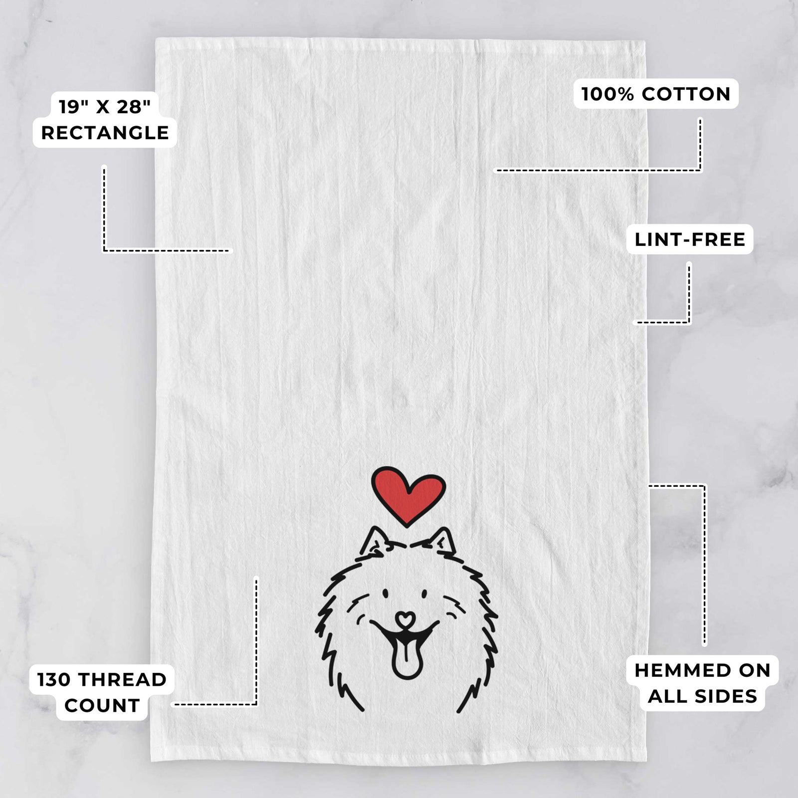 Minimalist line drawing of Johnny the Samoyed with a red heart on a tea towel, with feature callouts: 19 x 28 inch rectangle, 100% cotton, lint-free, 120 thread count, hemmed on all sides
