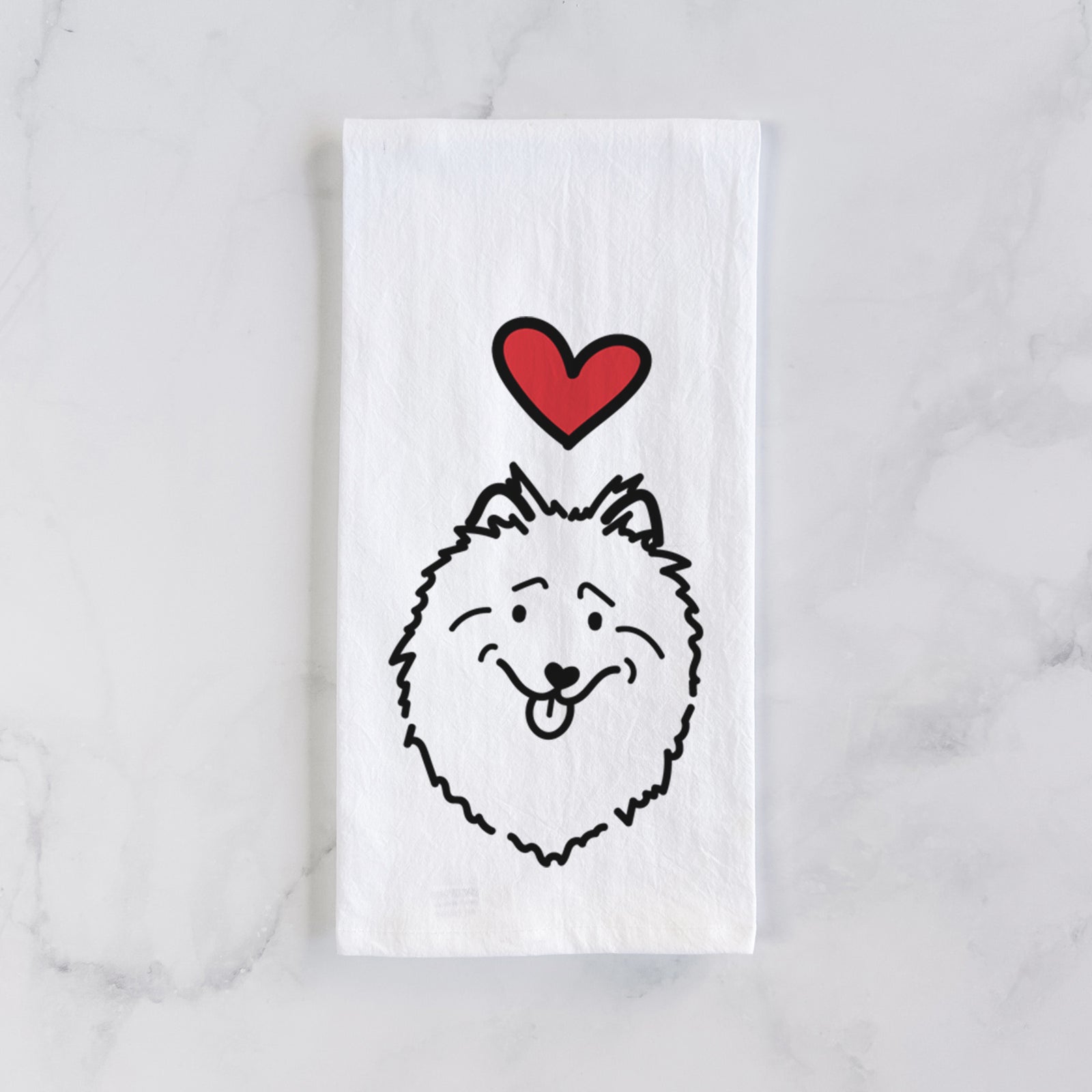 Minimalist line drawing of a Keeshond with a red heart on a tea towel