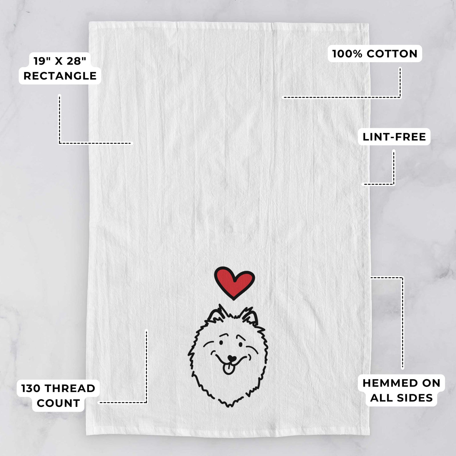 Minimalist line drawing of a Keeshond with a red heart on a tea towel, with feature callouts: 19 x 28 inch rectangle, 100% cotton, lint-free, 120 thread count, hemmed on all sides