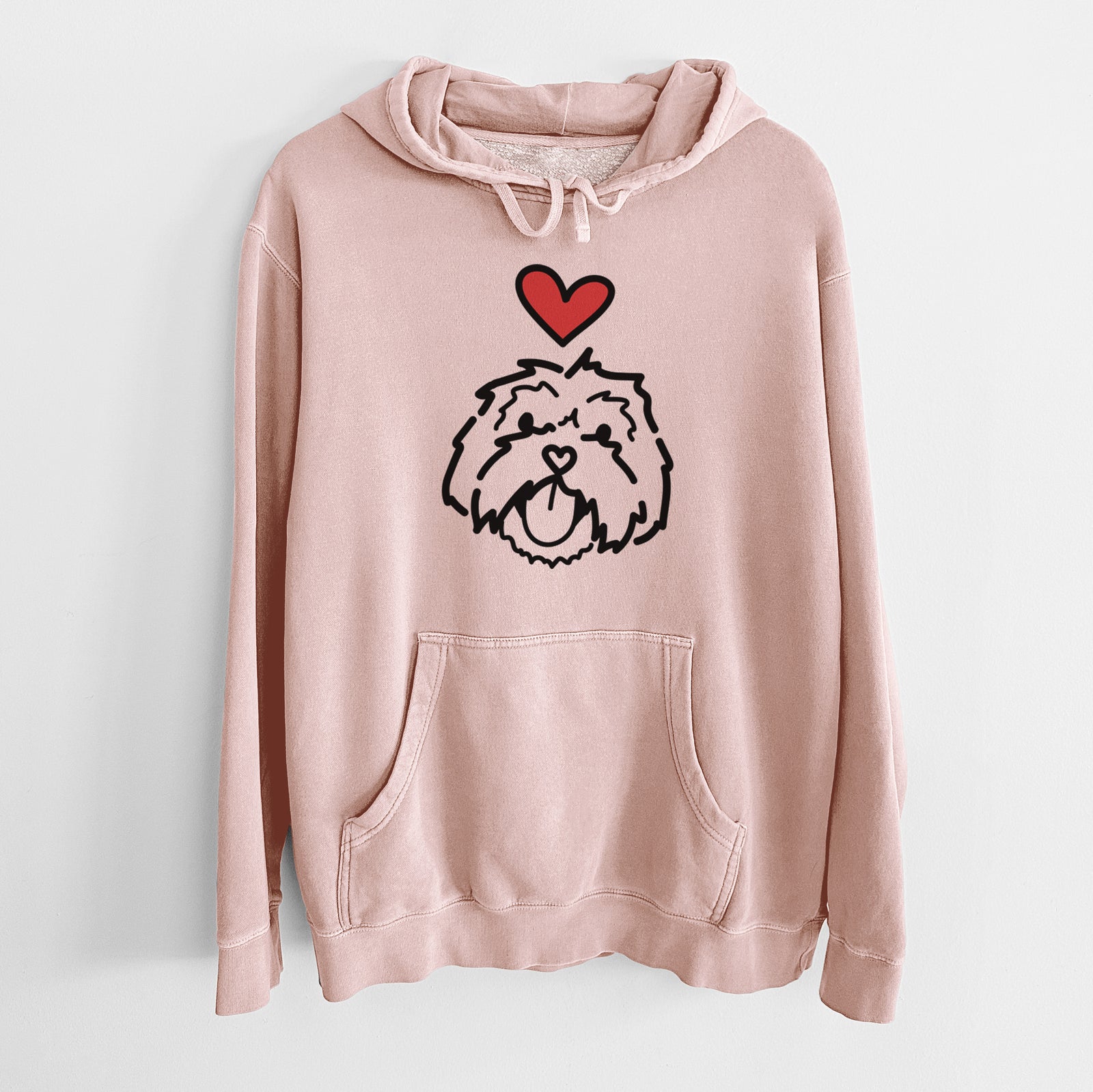 Minimalist line drawing of Keia the Lhasa Apso with a red heart on a Dusty Pink Unisex pigment dyed hoodie