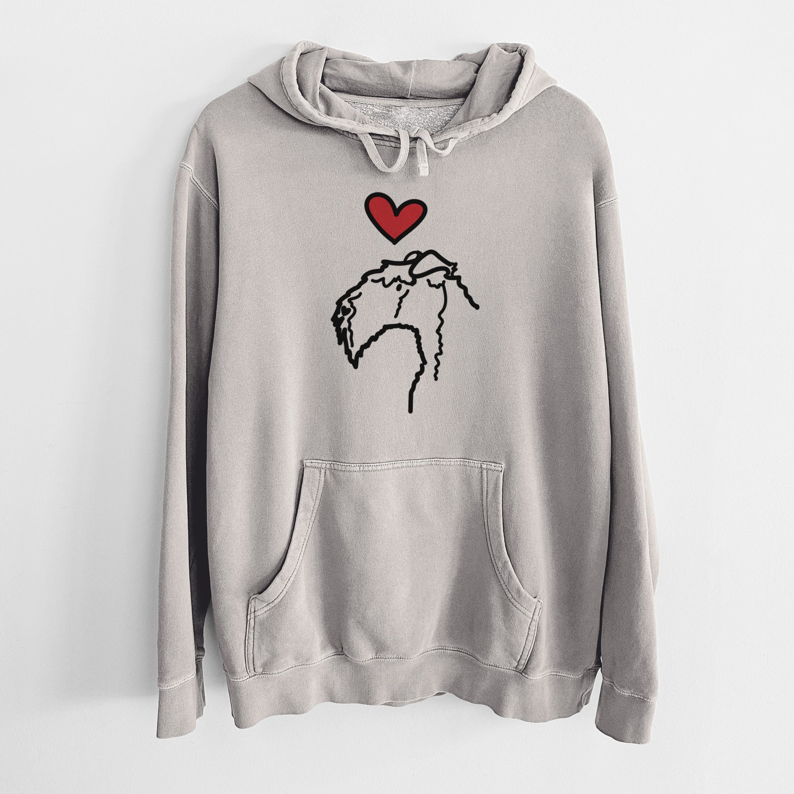 Minimalist line drawing of a Kerry Blue Terrier with a red heart on a Cement Unisex pigment dyed hoodie