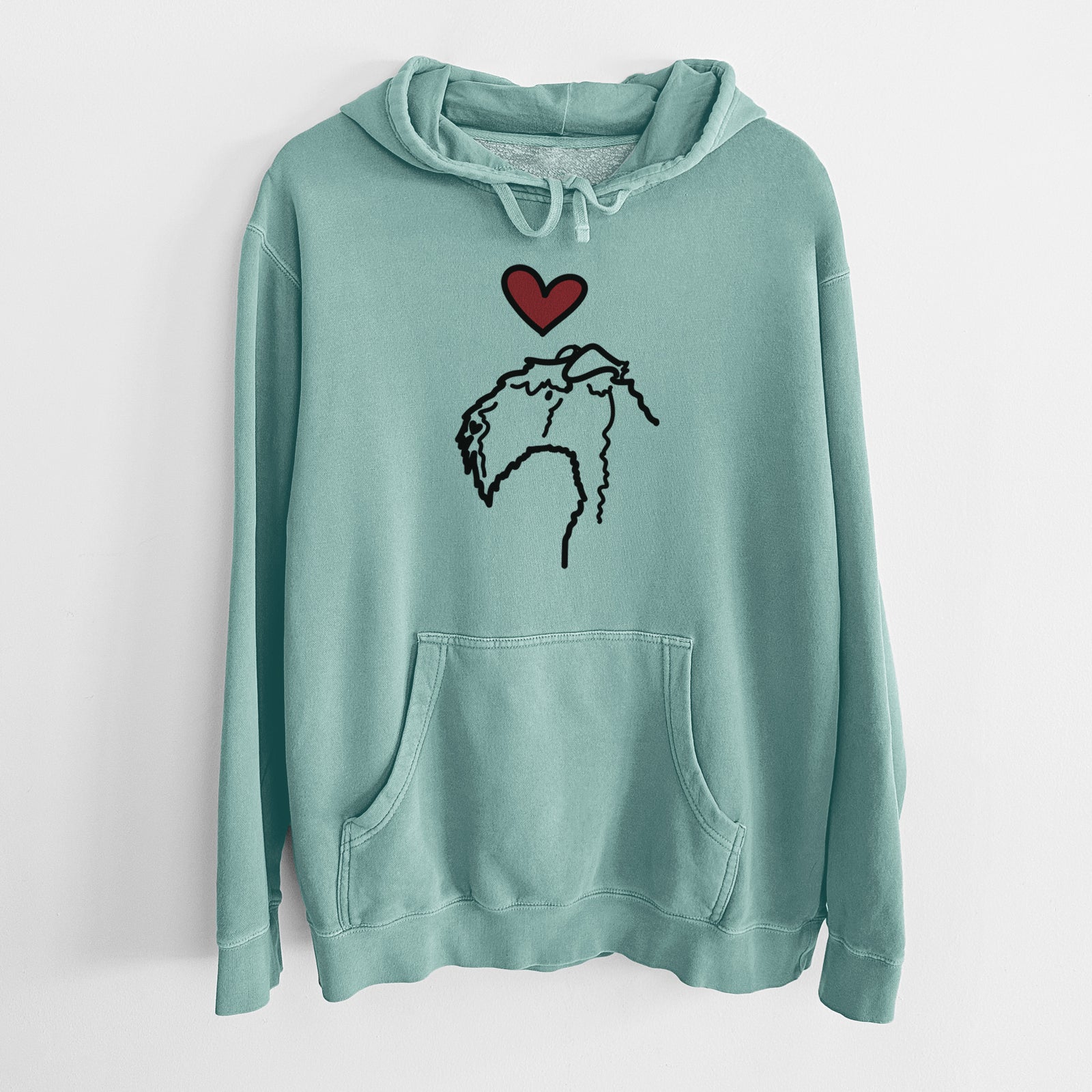 Minimalist line drawing of a Kerry Blue Terrier with a red heart on a Mint Unisex pigment dyed hoodie