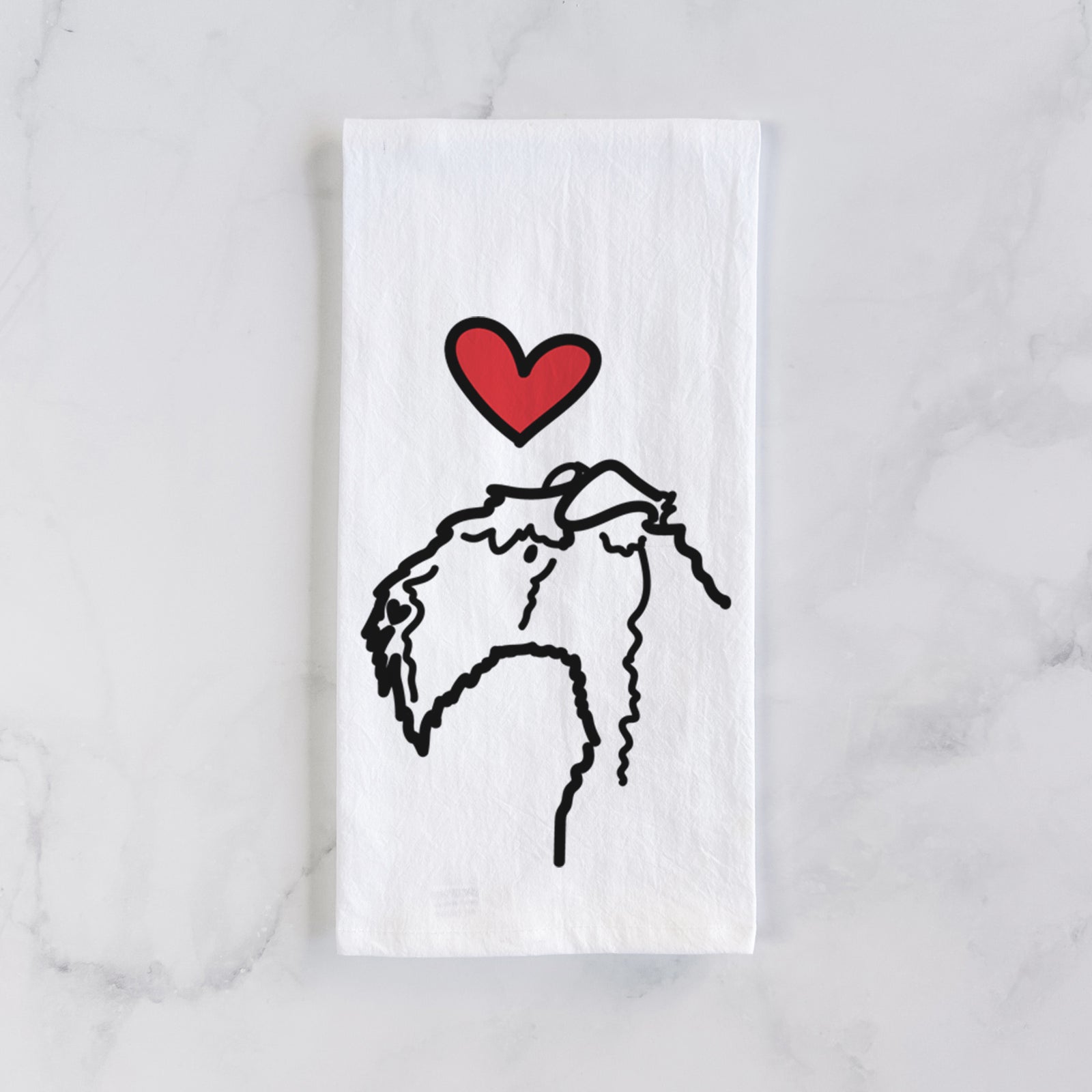 Minimalist line drawing of a Kerry Blue Terrier with a red heart on a tea towel