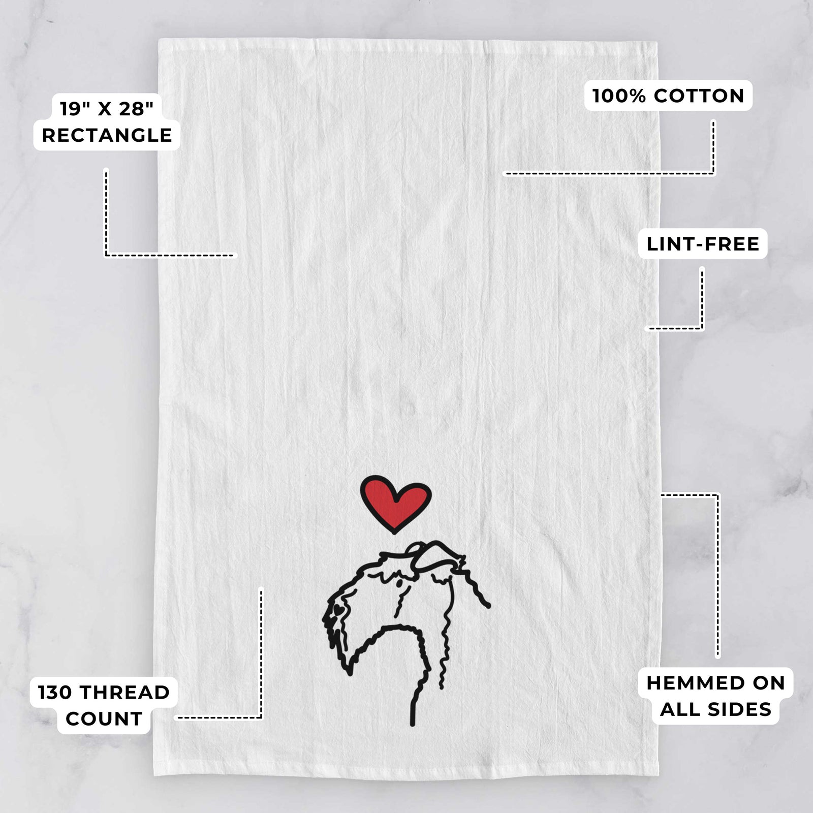 Minimalist line drawing of a Kerry Blue Terrier with a red heart on a tea towel, with feature callouts: 19 x 28 inch rectangle, 100% cotton, lint-free, 120 thread count, hemmed on all sides