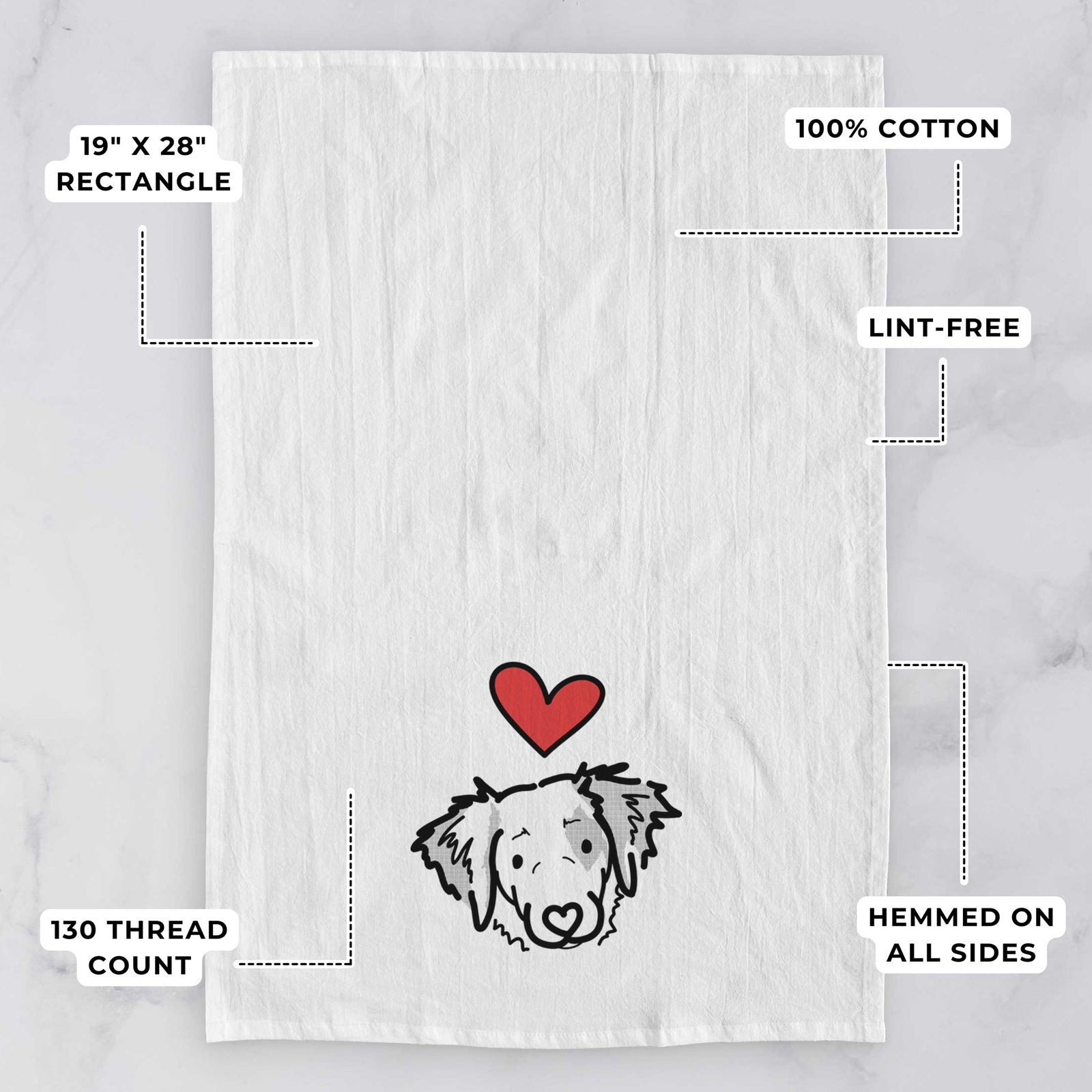 Minimalist line drawing of Kiva the Brittany Spaniel with a red heart on a tea towel, with feature callouts: 19 x 28 inch rectangle, 100% cotton, lint-free, 120 thread count, hemmed on all sides
