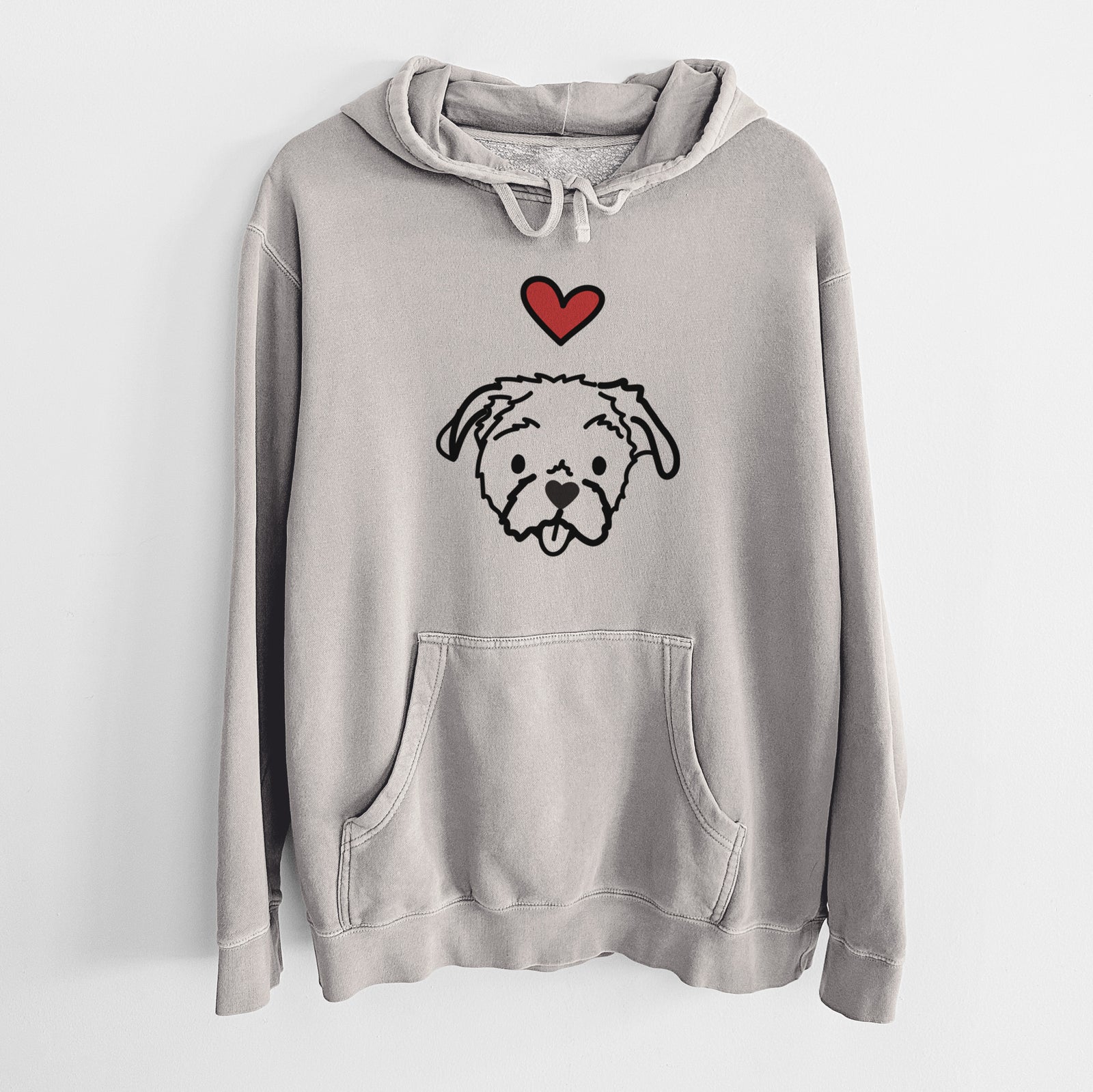 Minimalist line drawing of Koko the Shih Tzu with a red heart on a Cement Unisex pigment dyed hoodie