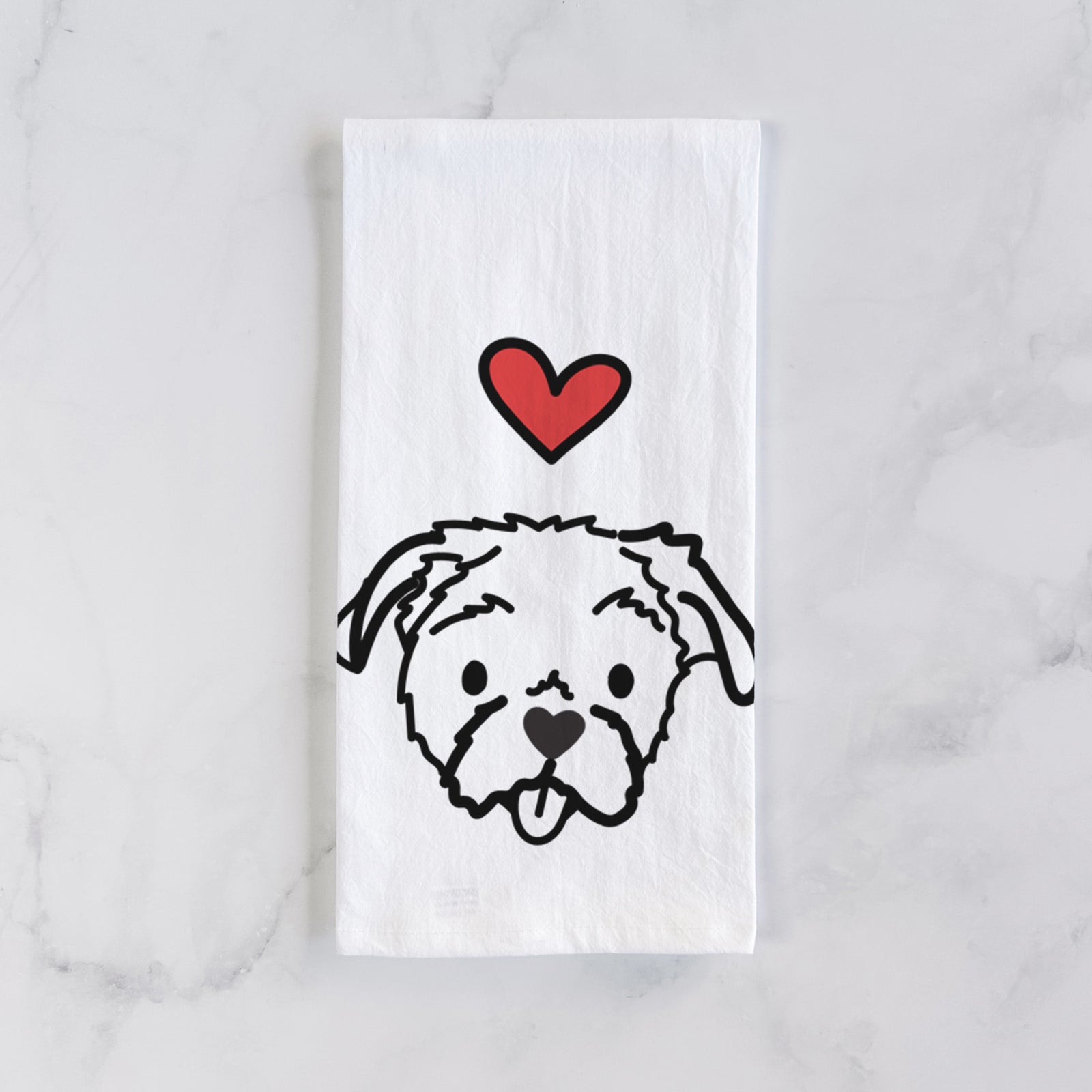 Minimalist line drawing of Koko the Shih Tzu with a red heart on a tea towel