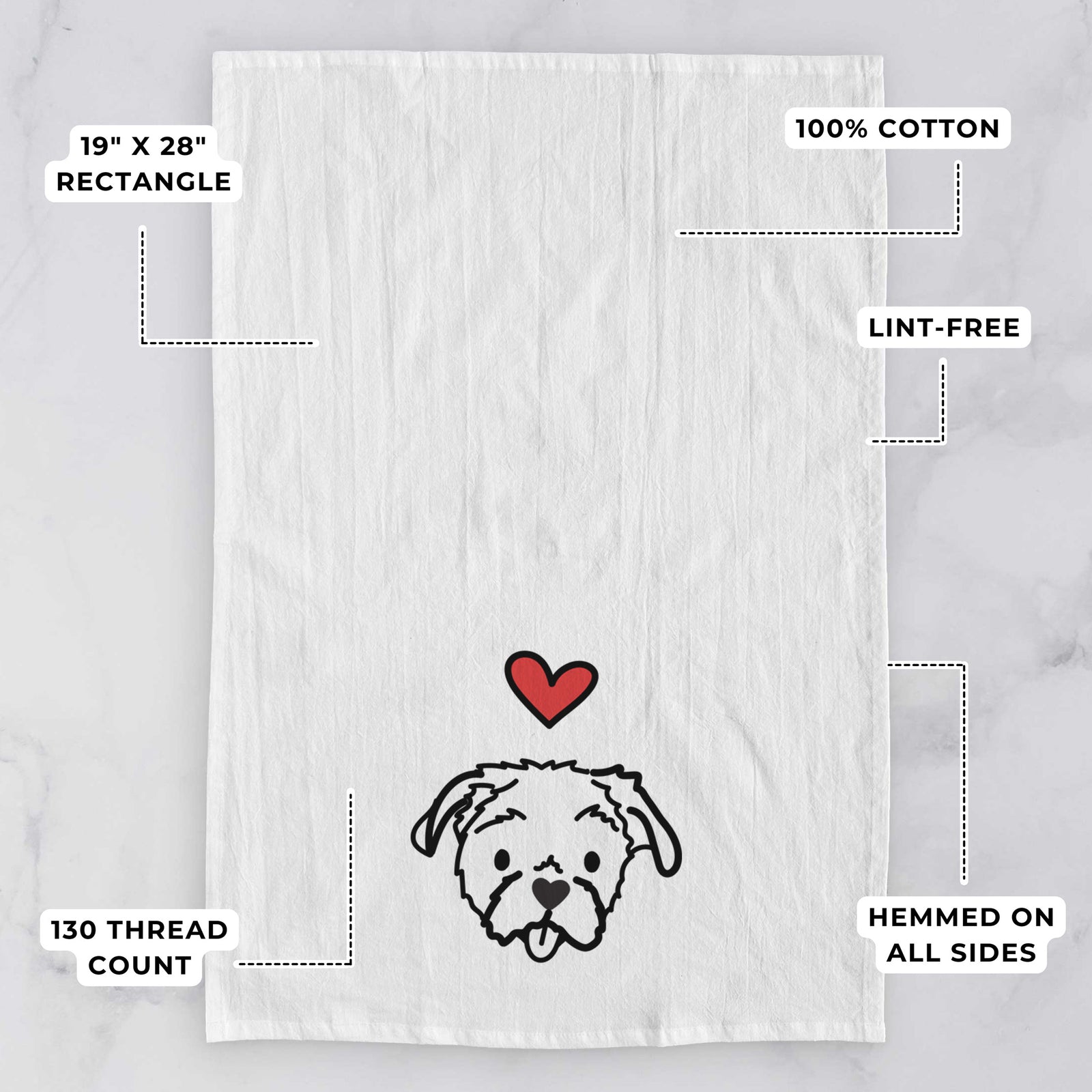 Minimalist line drawing of Koko the Shih Tzu with a red heart on a tea towel, with feature callouts: 19 x 28 inch rectangle, 100% cotton, lint-free, 120 thread count, hemmed on all sides
