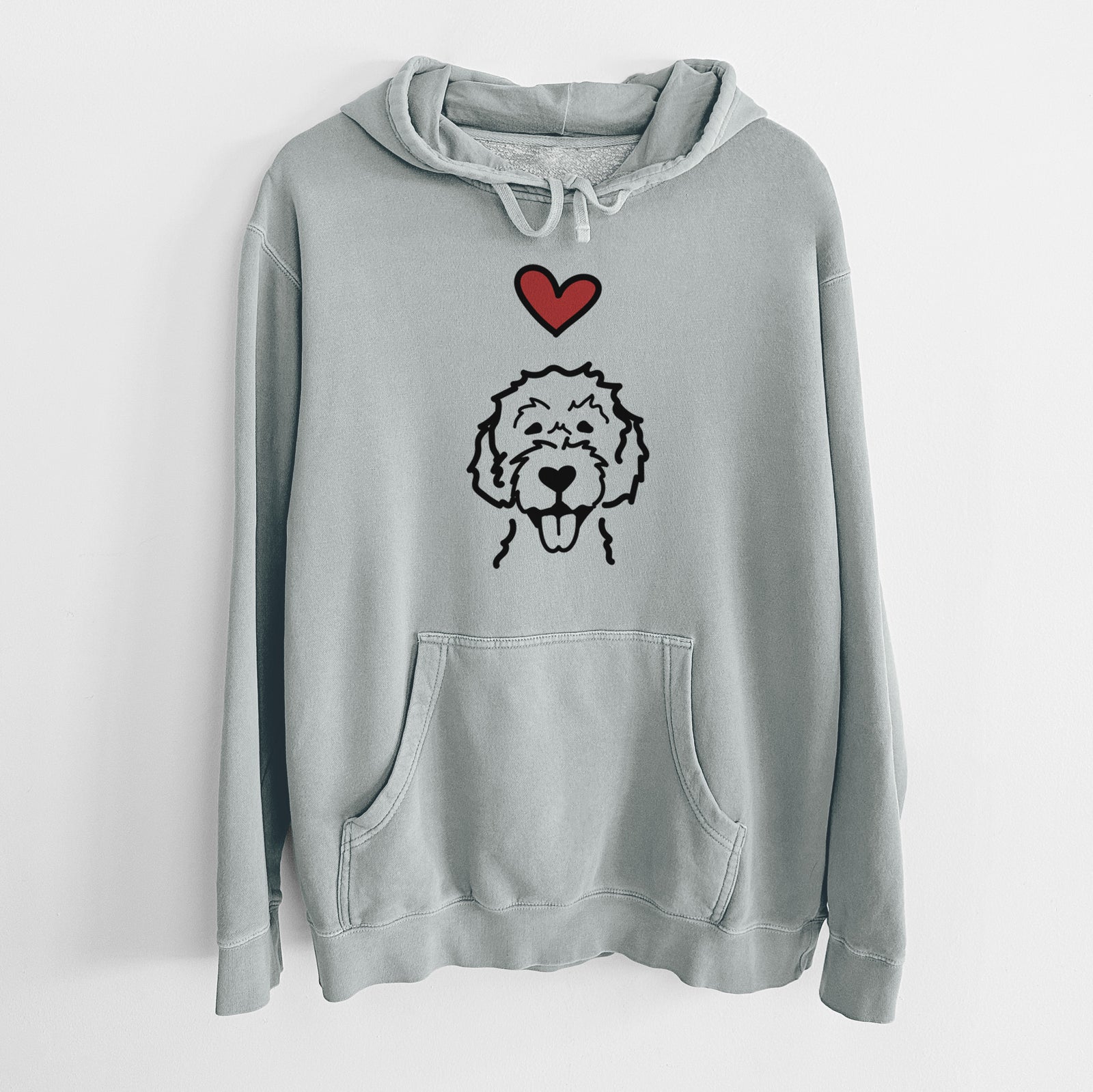 Minimalist line drawing of a Labradoodle with a red heart on a Sage Unisex pigment dyed hoodie