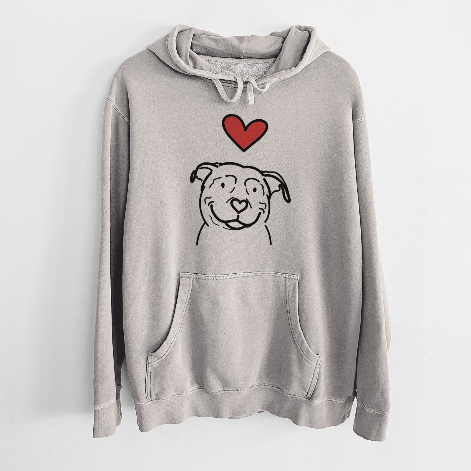 Minimalist line drawing of Lady the American Pitbull Terrier with a red heart on a Cement Unisex pigment dyed hoodie