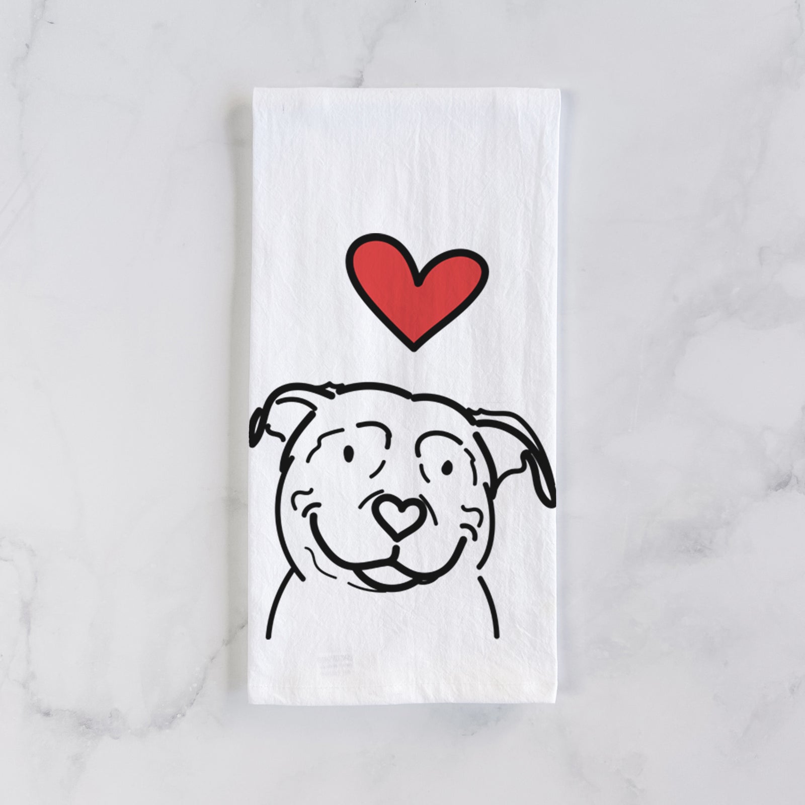 Minimalist line drawing of Lady the American Pitbull Terrier with a red heart on a tea towel
